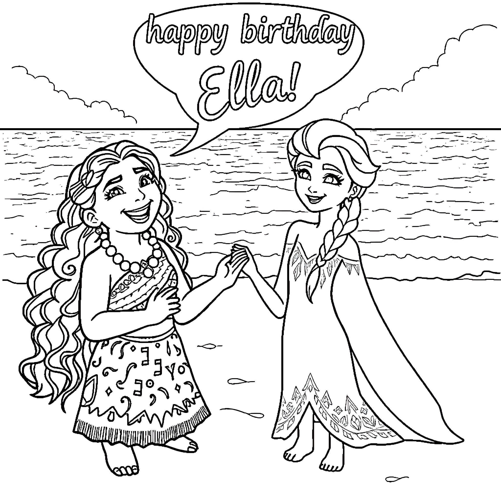 Moana celebrating birthday with Elsa on the beach Coloring Page (free black-and-white line drawing printable PDF for all, from beginners to advanced learners, including children, teens, adults, and seniors)