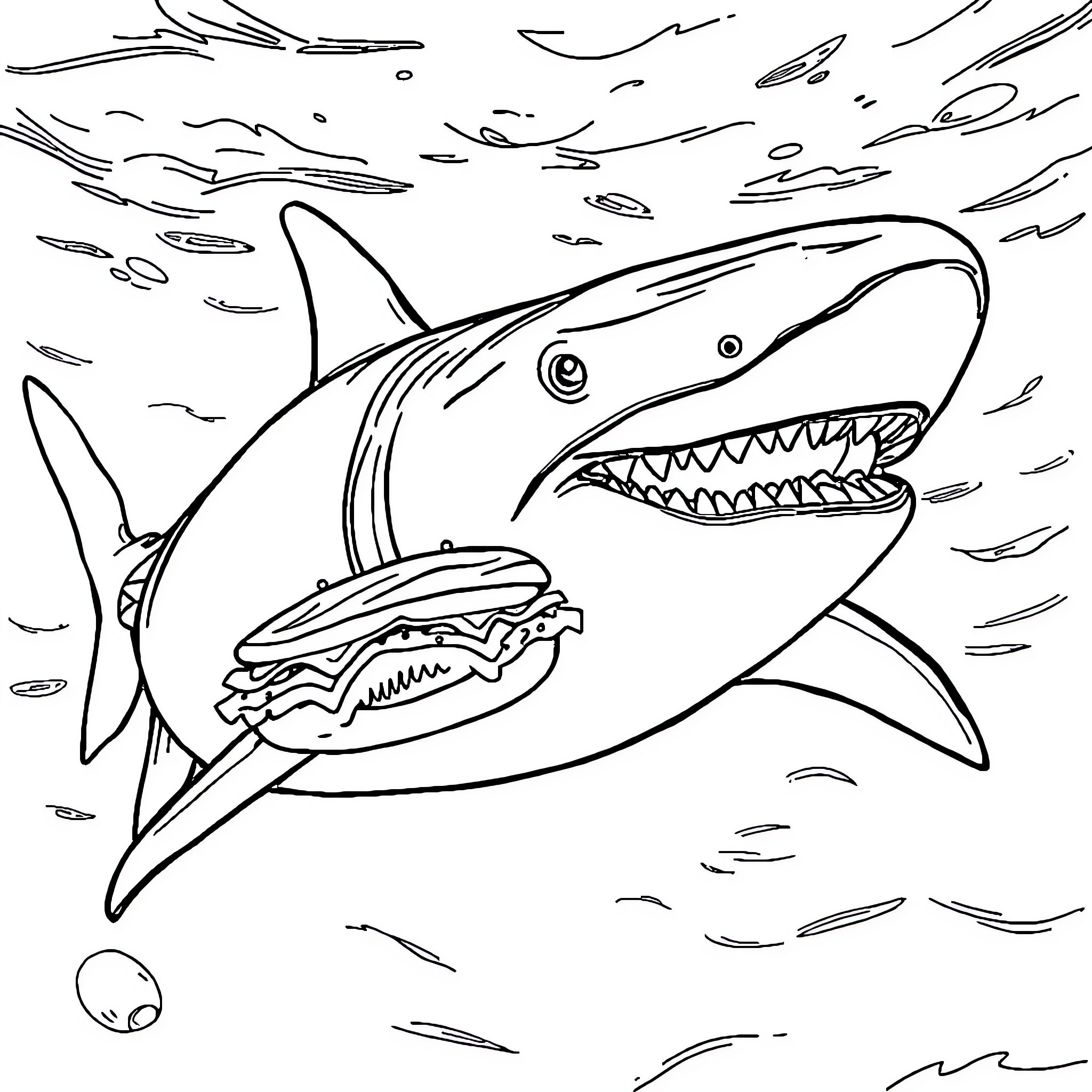 Tiburon ferocious shark in the deep sea Coloring Page (free black-and-white line drawing printable PDF for all, from beginners to advanced learners, including children, teens, adults, and seniors)