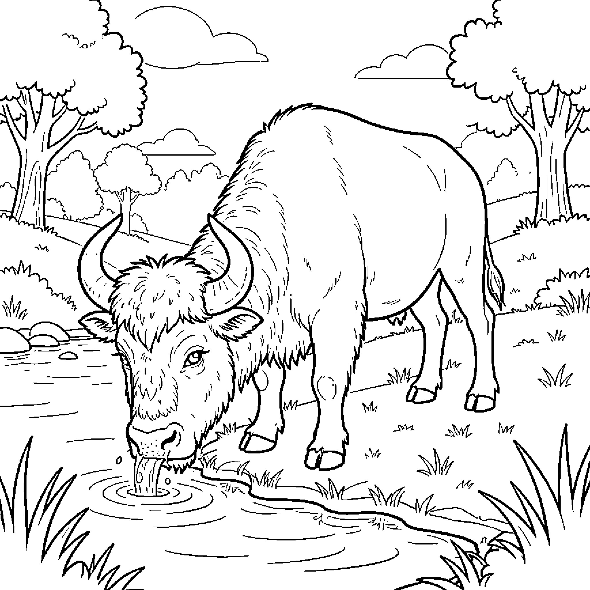Buffalo drinking water from a peaceful stream Coloring Page (free black-and-white line drawing printable PDF for all, from beginners to advanced learners, including children, teens, adults, and seniors)