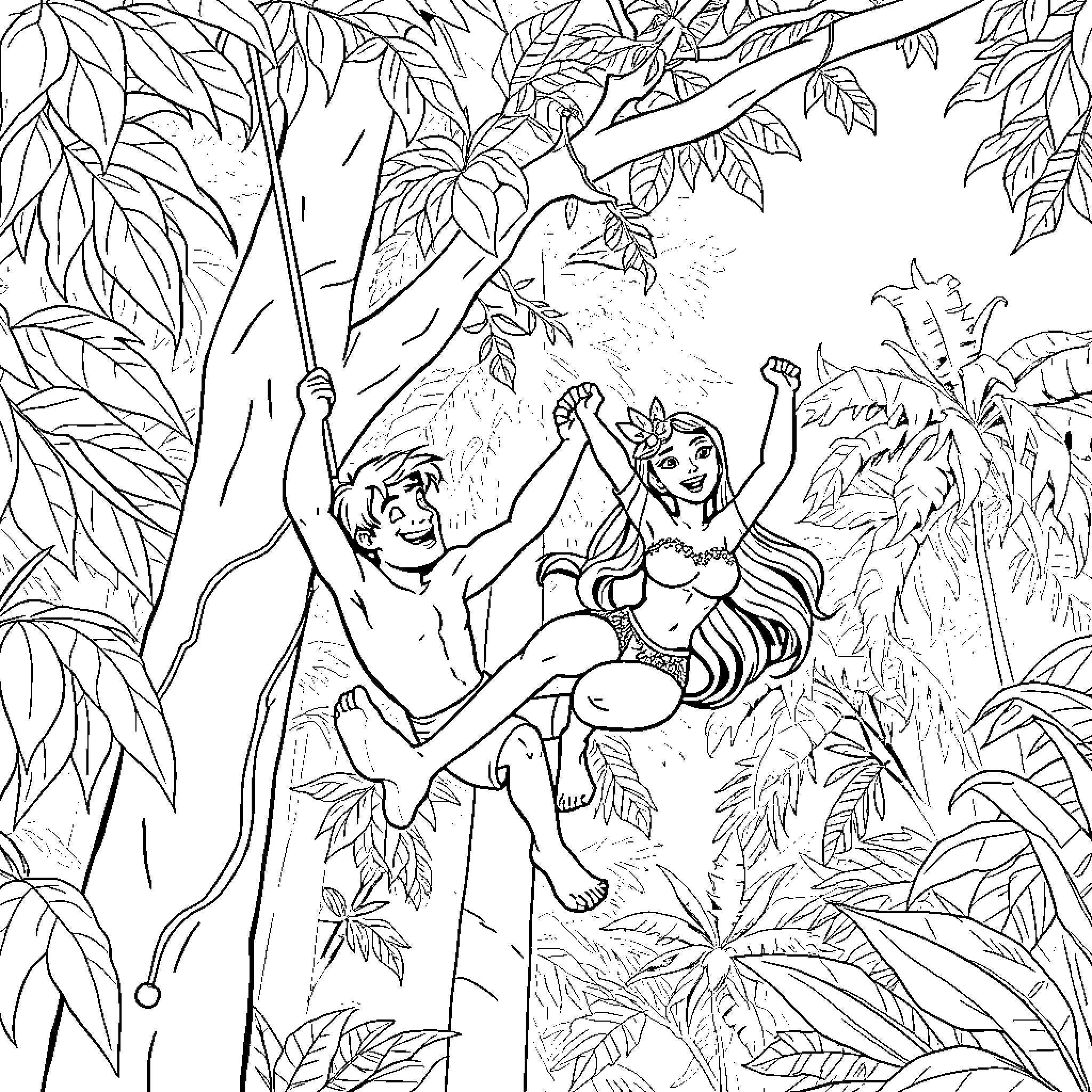 Tarzan and Jane adventuring in the jungle Coloring Page (free black-and-white line drawing printable PDF for all, from beginners to advanced learners, including children, teens, adults, and seniors)