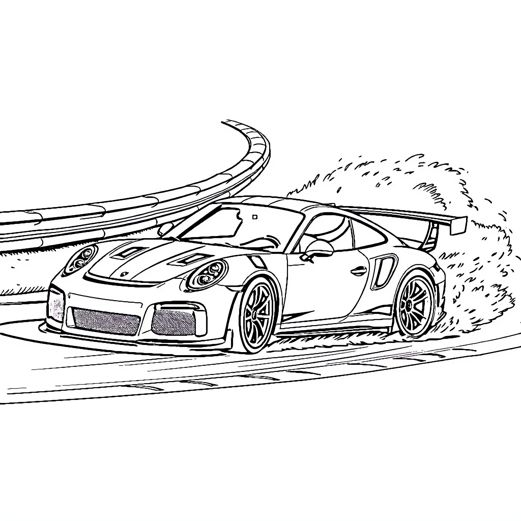 Porsche GT3 RS in high-speed racing action Coloring Page (free black-and-white line drawing printable PDF for all, from beginners to advanced learners, including children, teens, adults, and seniors)