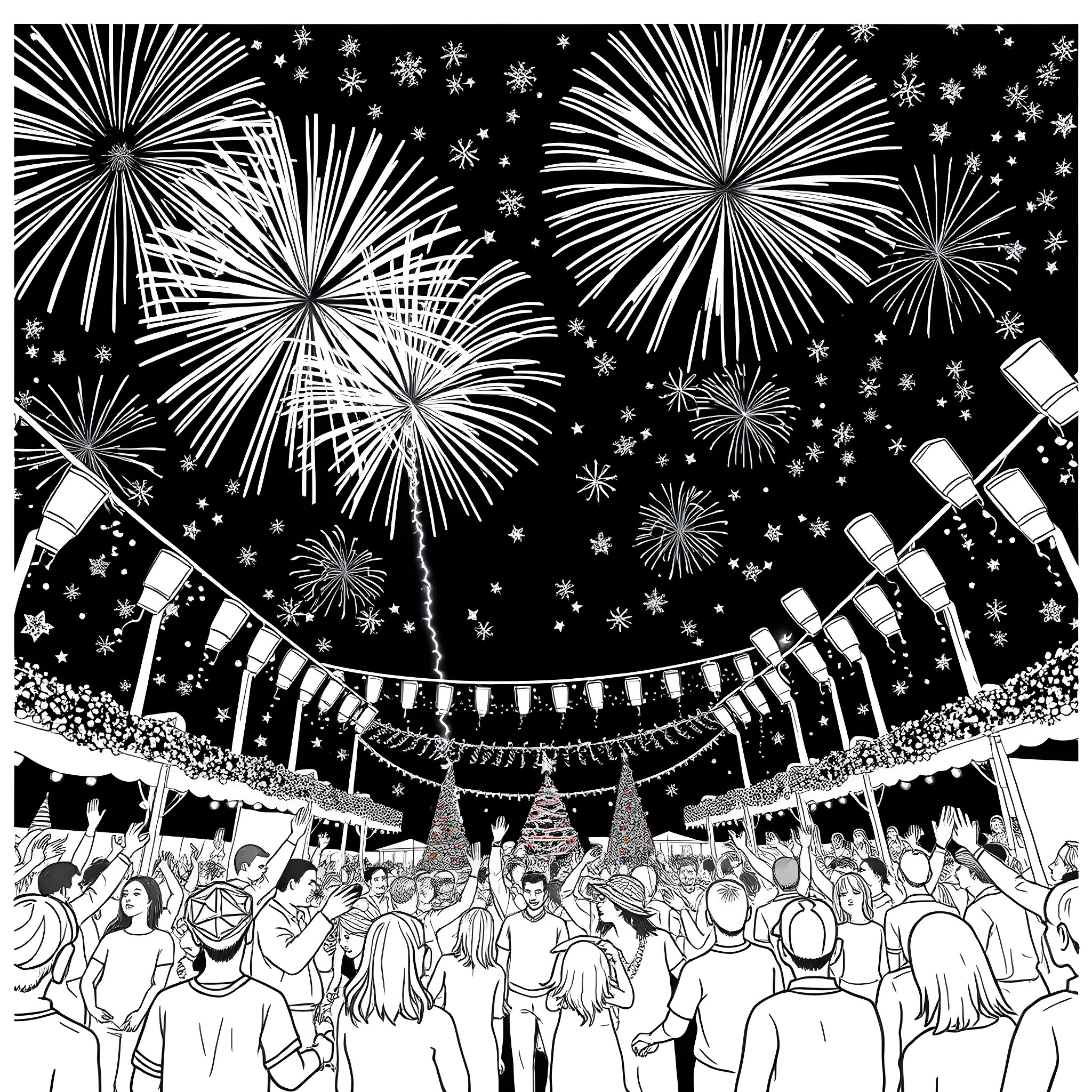 Firework celebration with crowd cheering under night sky Coloring Page (free black-and-white line drawing printable PDF for all, from beginners to advanced learners, including children, teens, adults, and seniors)