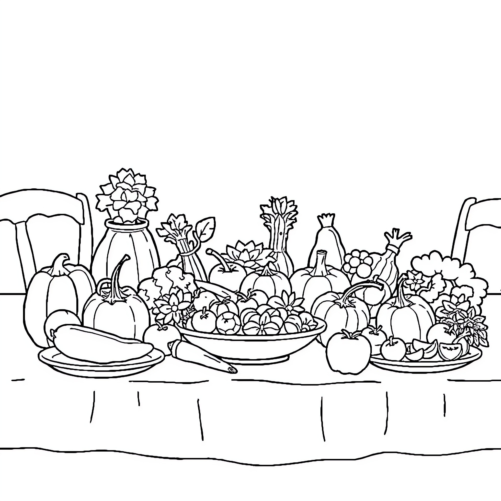 Fruit and Vegetable Harvest Bounty on Display Coloring Page (free black-and-white line drawing printable PDF for all, from beginners to advanced learners, including children, teens, adults, and seniors)