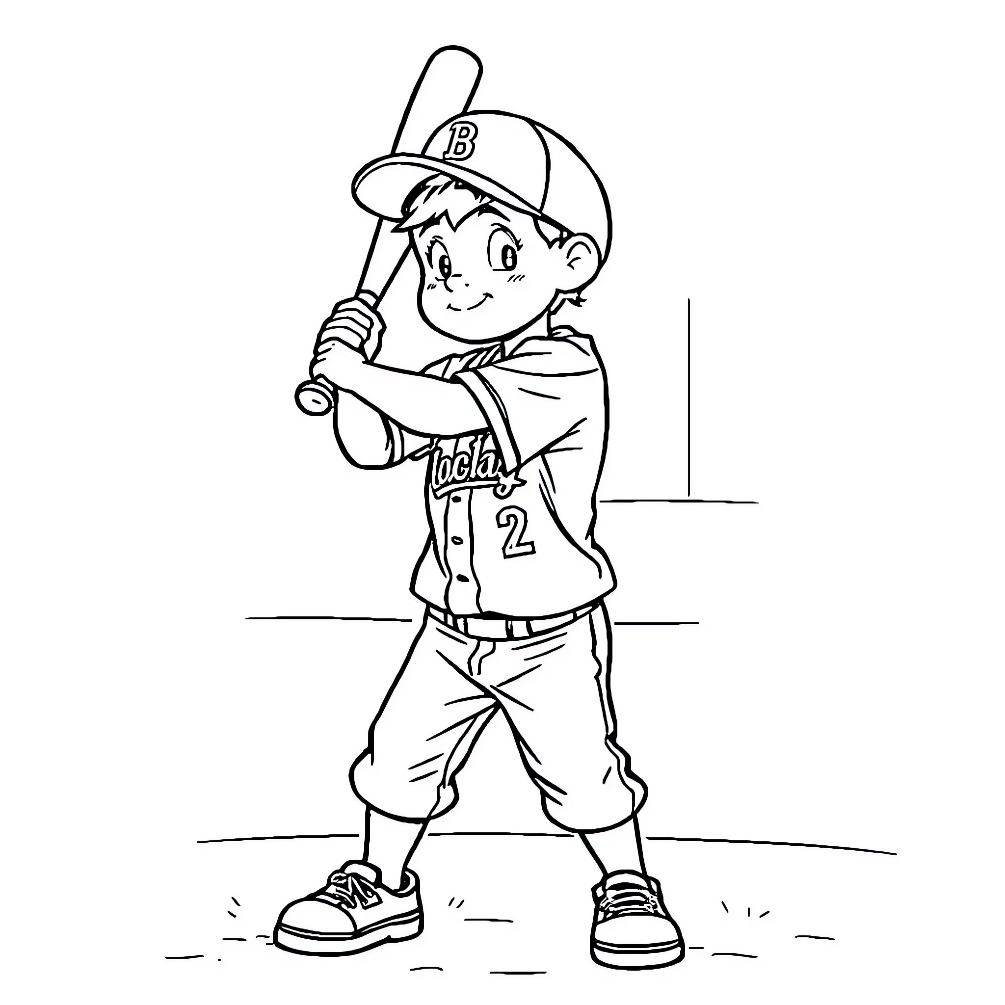 Baseball Player Batting Stance in Uniform Coloring Page (free black-and-white line drawing printable PDF for all, from beginners to advanced learners, including children, teens, adults, and seniors)