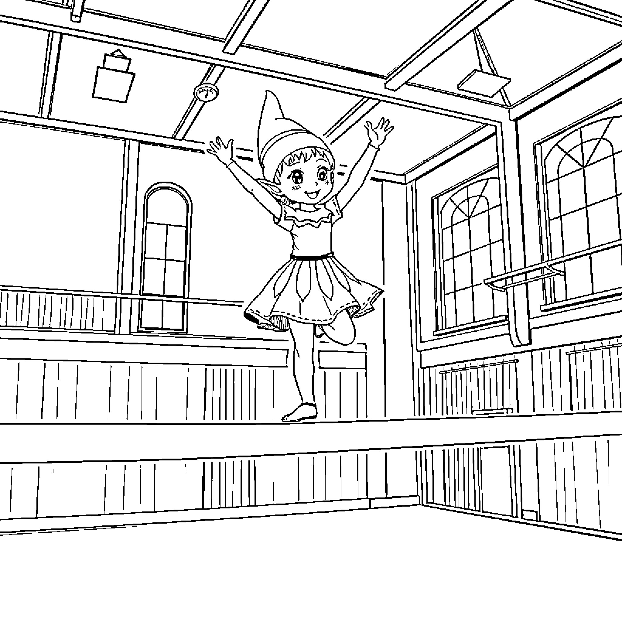 Elf dancing joyfully in festive outfit Coloring Page (free black-and-white line drawing printable PDF for all, from beginners to advanced learners, including children, teens, adults, and seniors)
