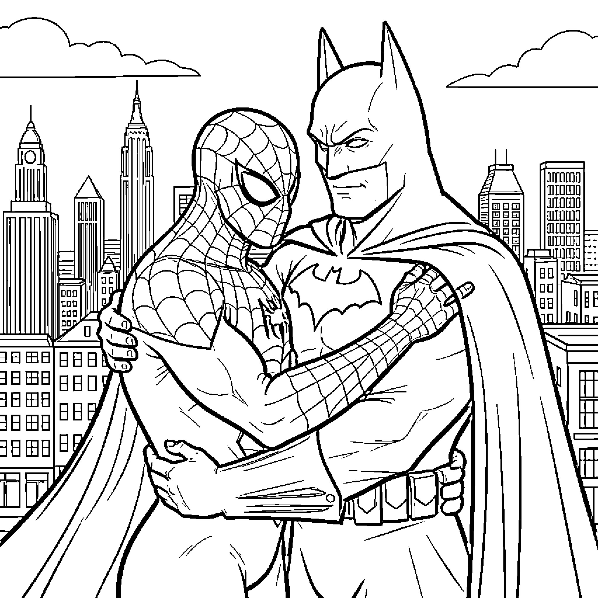 Spiderman and Batman team up in the city Coloring Page (free black-and-white line drawing printable PDF for all, from beginners to advanced learners, including children, teens, adults, and seniors)