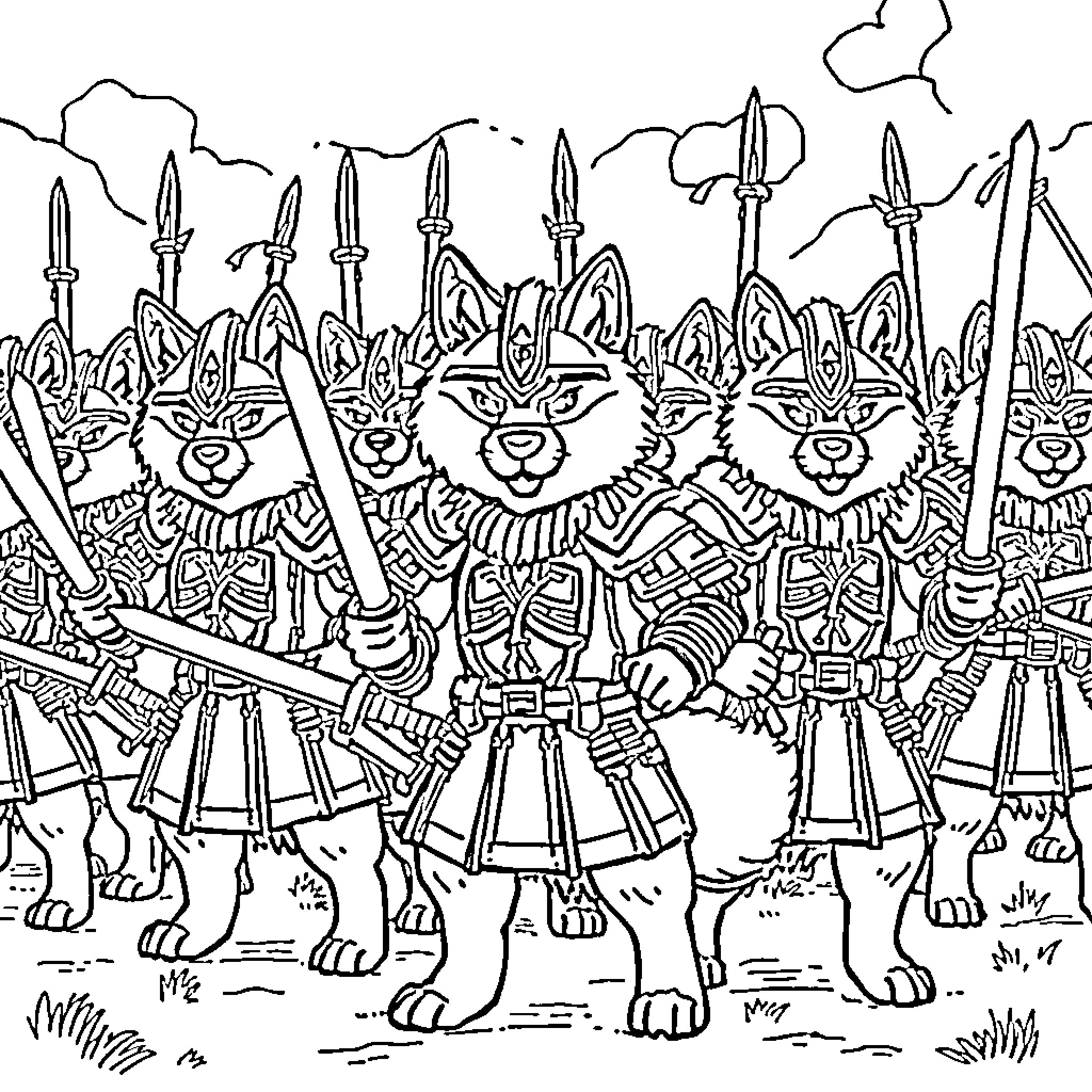 Shiba Inu warrior army marching with weapons Coloring Page (free black-and-white line drawing printable PDF for all, from beginners to advanced learners, including children, teens, adults, and seniors)