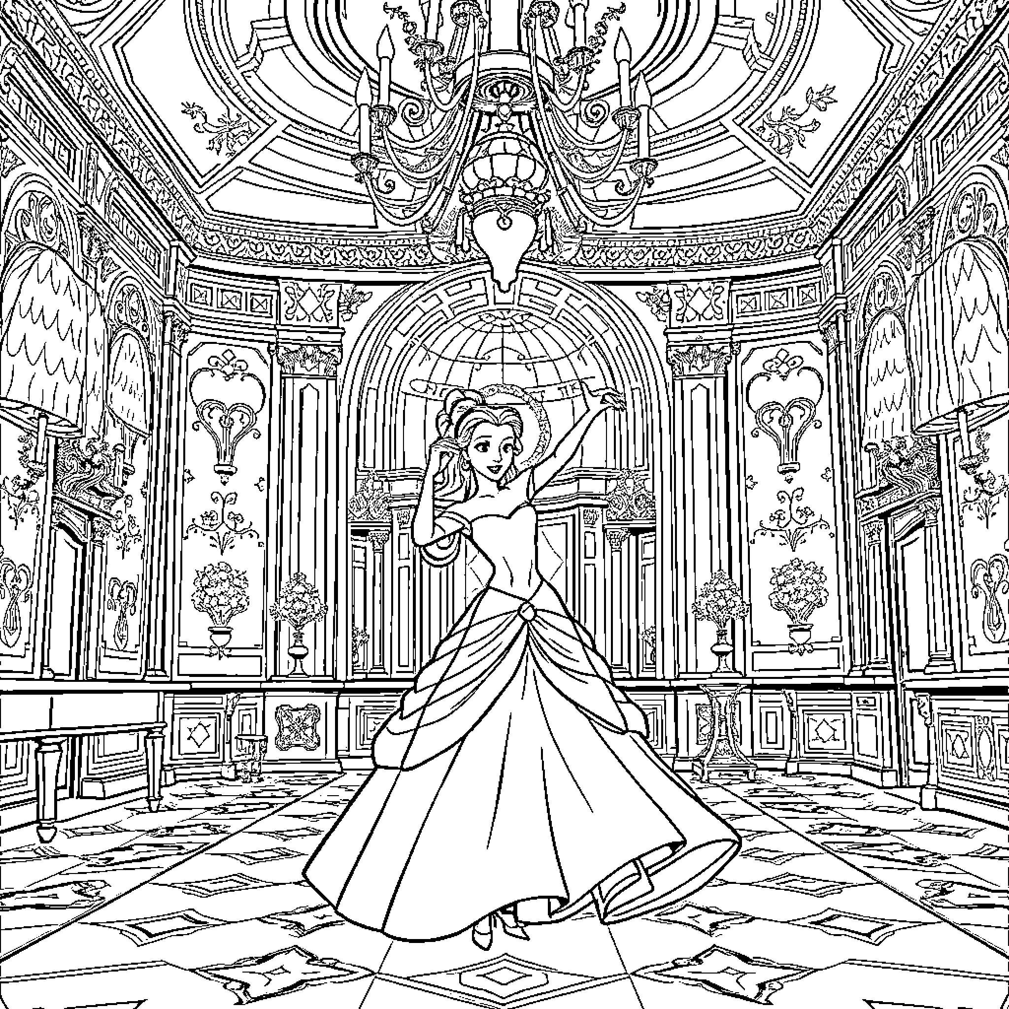Belle's Majestic Ballroom Dance Coloring Page (free black-and-white line drawing printable PDF for all, from beginners to advanced learners, including children, teens, adults, and seniors)