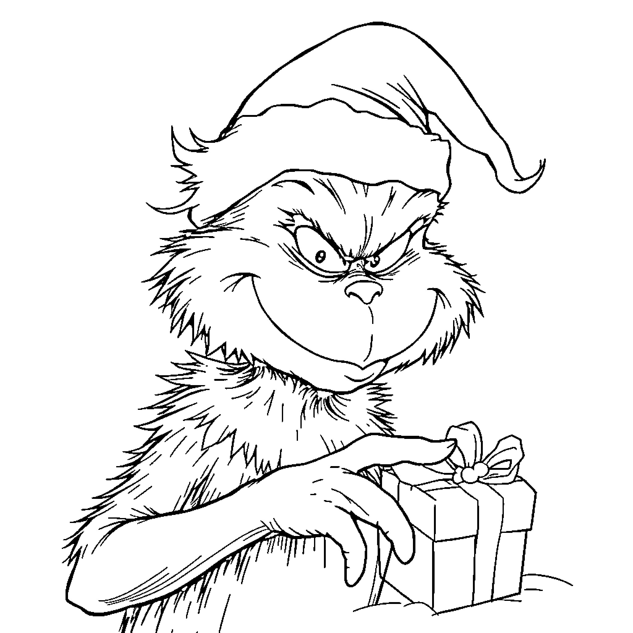 Grinch holding Christmas gift with a frown Coloring Page (free black-and-white line drawing printable PDF for all, from beginners to advanced learners, including children, teens, adults, and seniors)