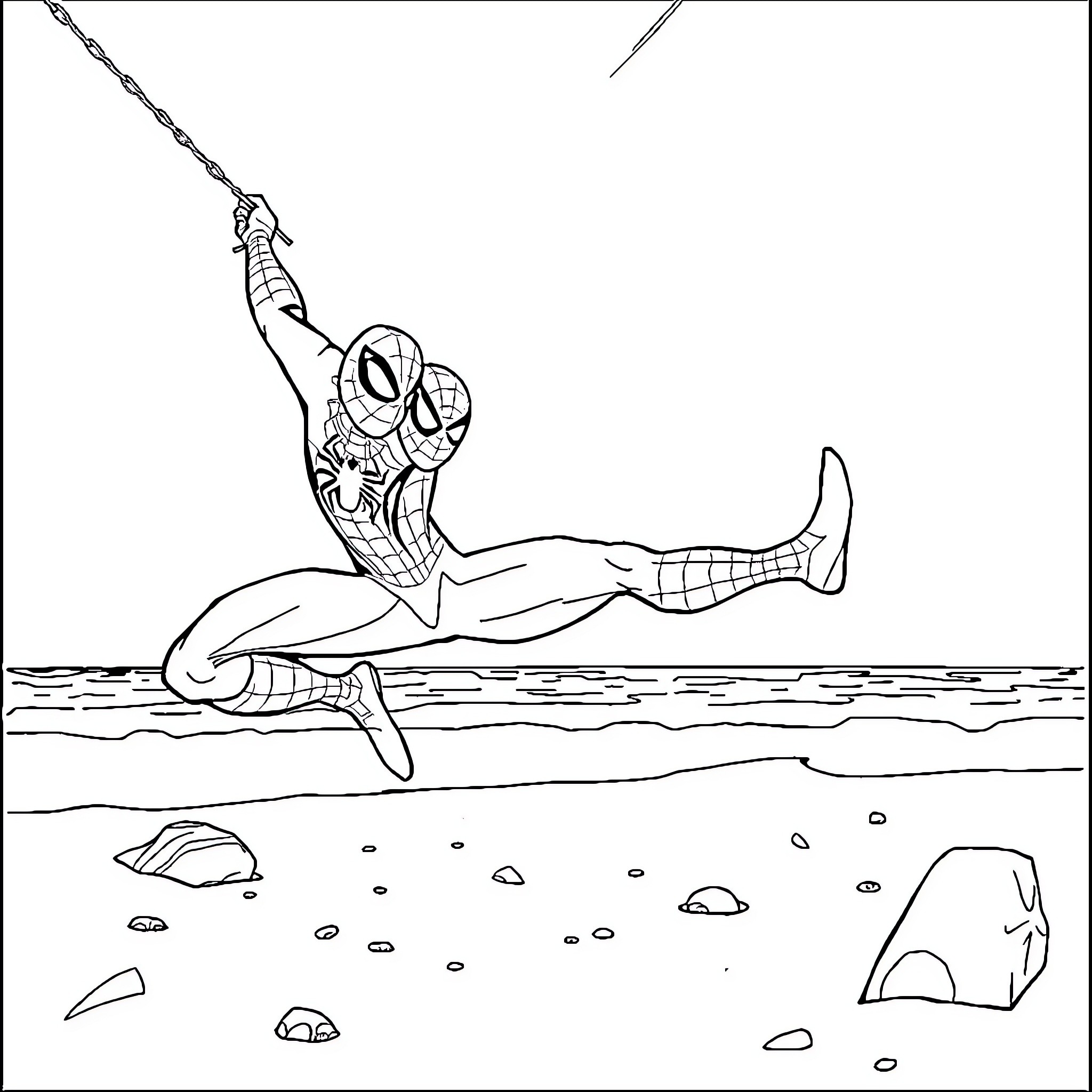 Spiderman swinging through the air in action Coloring Page (free black-and-white line drawing printable PDF for all, from beginners to advanced learners, including children, teens, adults, and seniors)
