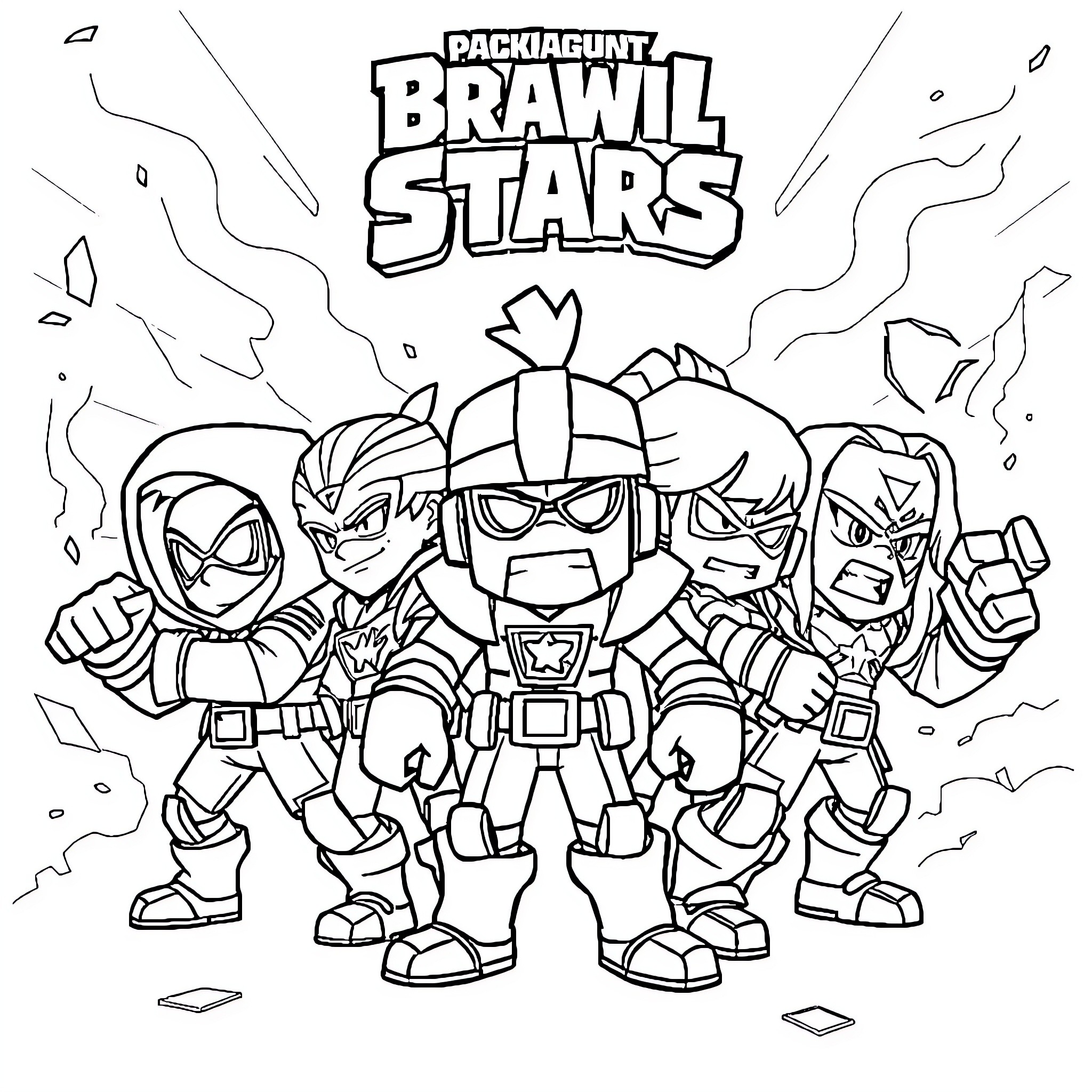 Brawl Star Heroes in Fierce Battle Coloring Page (free black-and-white line drawing printable PDF for all, from beginners to advanced learners, including children, teens, adults, and seniors)