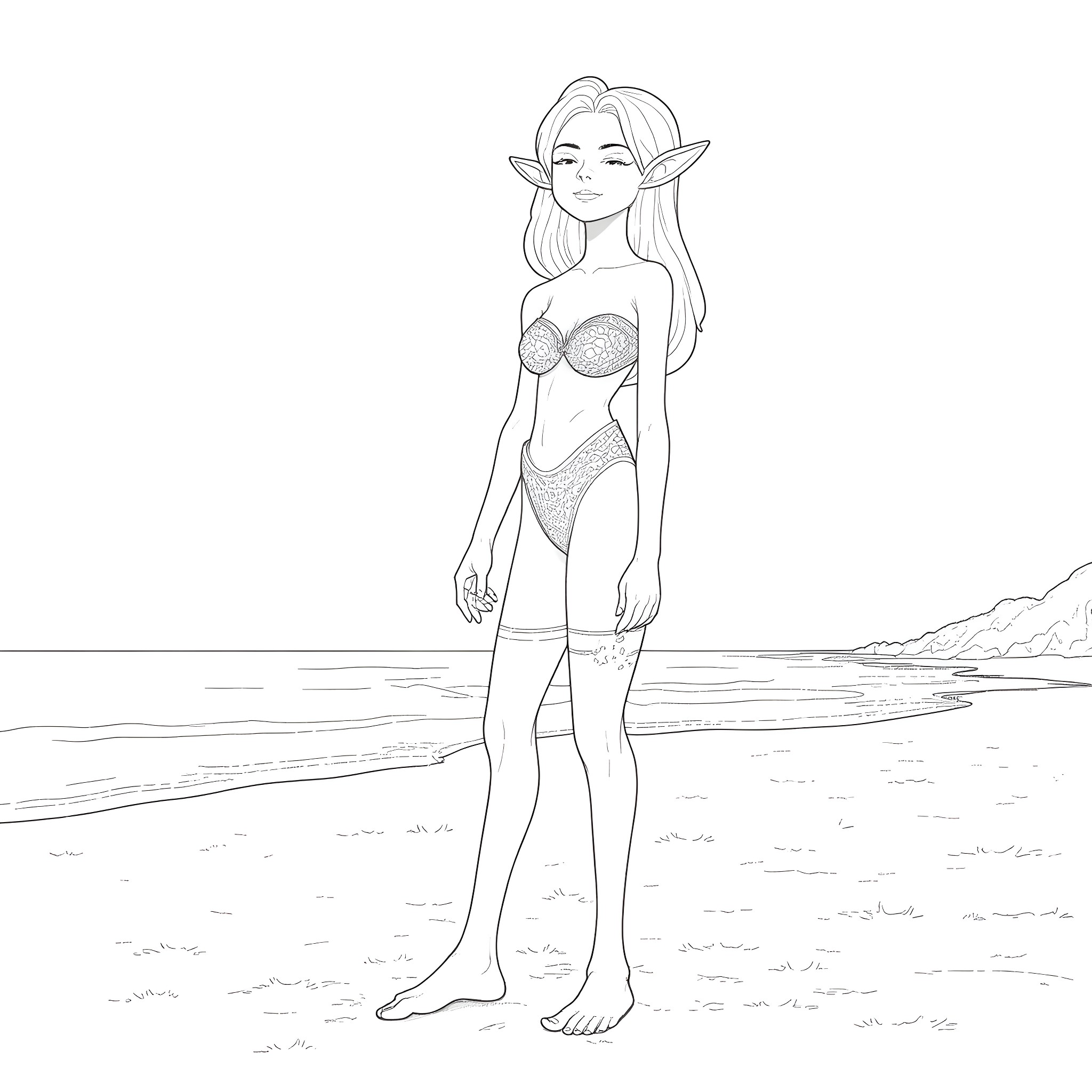 Elven Girl in Swimsuit on the Beach Coloring Page (free black-and-white line drawing printable PDF for all, from beginners to advanced learners, including children, teens, adults, and seniors)