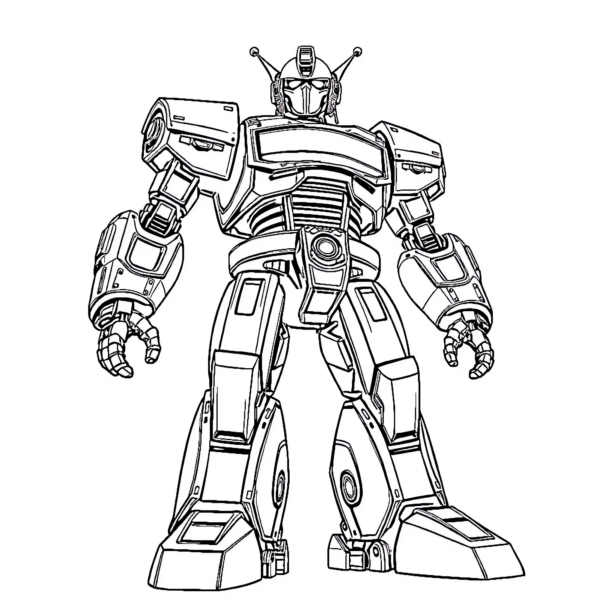 Giant Powerful Mechanical Robot in Battle Pose Coloring Page (free black-and-white line drawing printable PDF for all, from beginners to advanced learners, including children, teens, adults, and seniors)