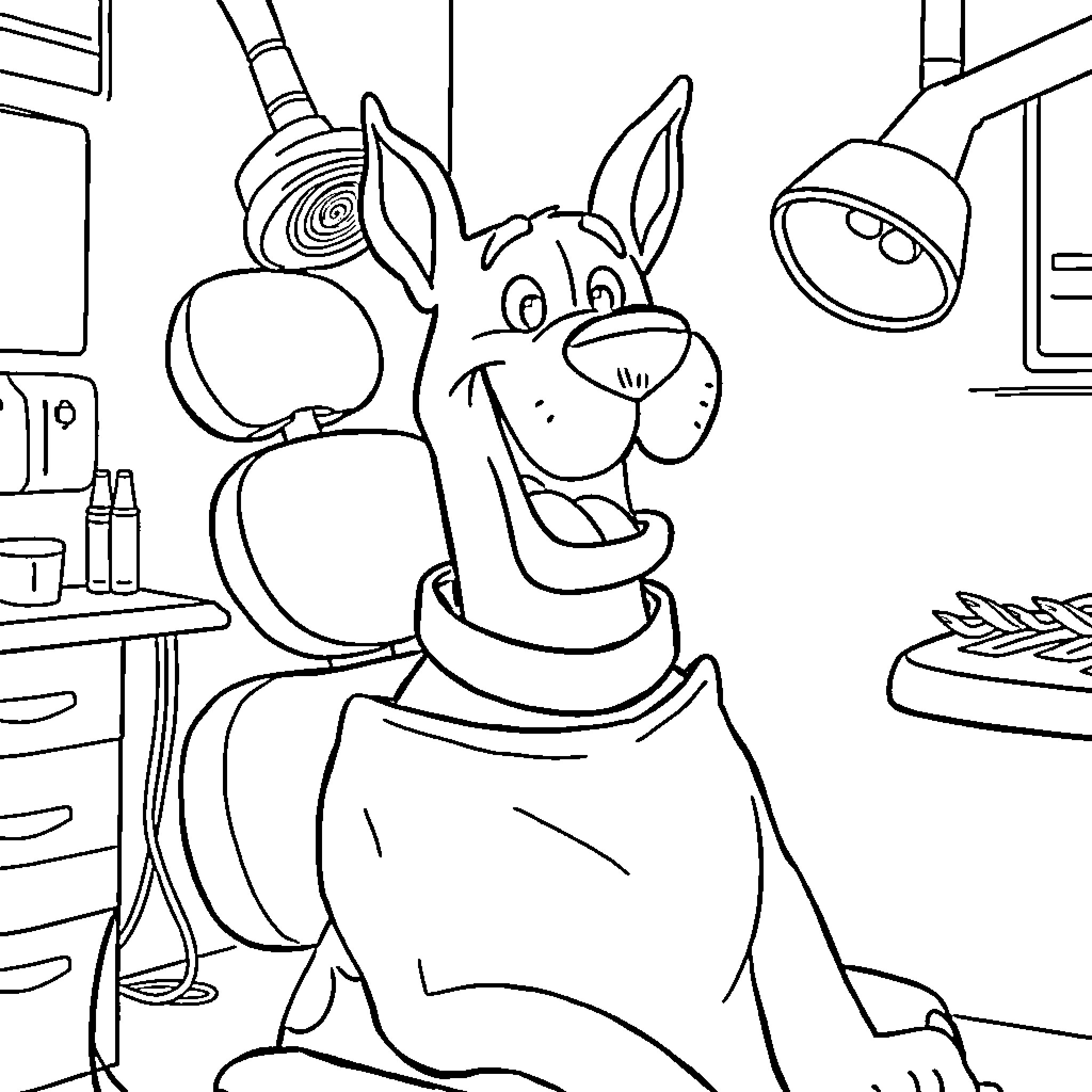 Scooby Doo in a Veterinary Clinic Coloring Page (free black-and-white line drawing printable PDF for all, from beginners to advanced learners, including children, teens, adults, and seniors)