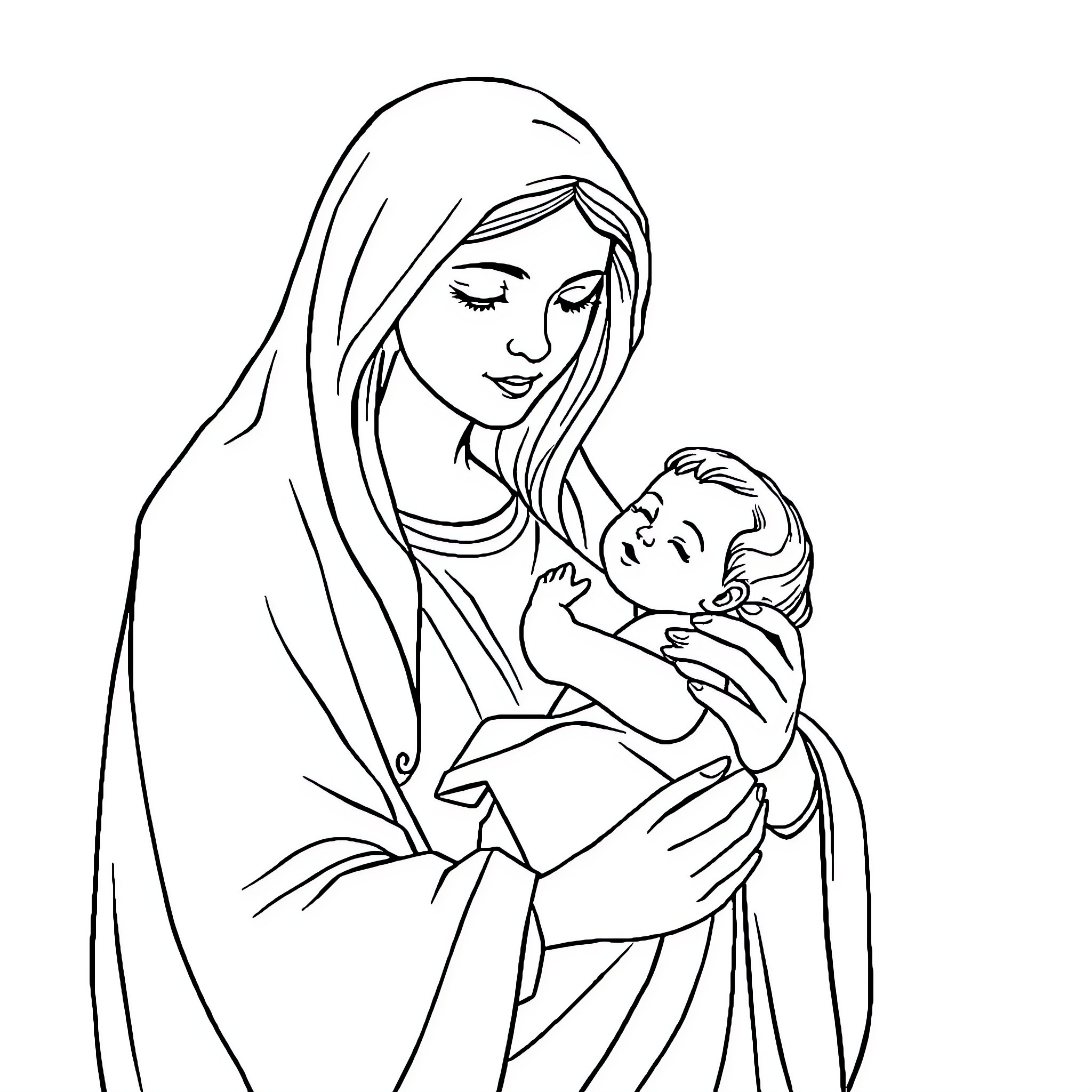 Virgin Mary tenderly holding the infant Jesus Coloring Page (free black-and-white line drawing printable PDF for all, from beginners to advanced learners, including children, teens, adults, and seniors)