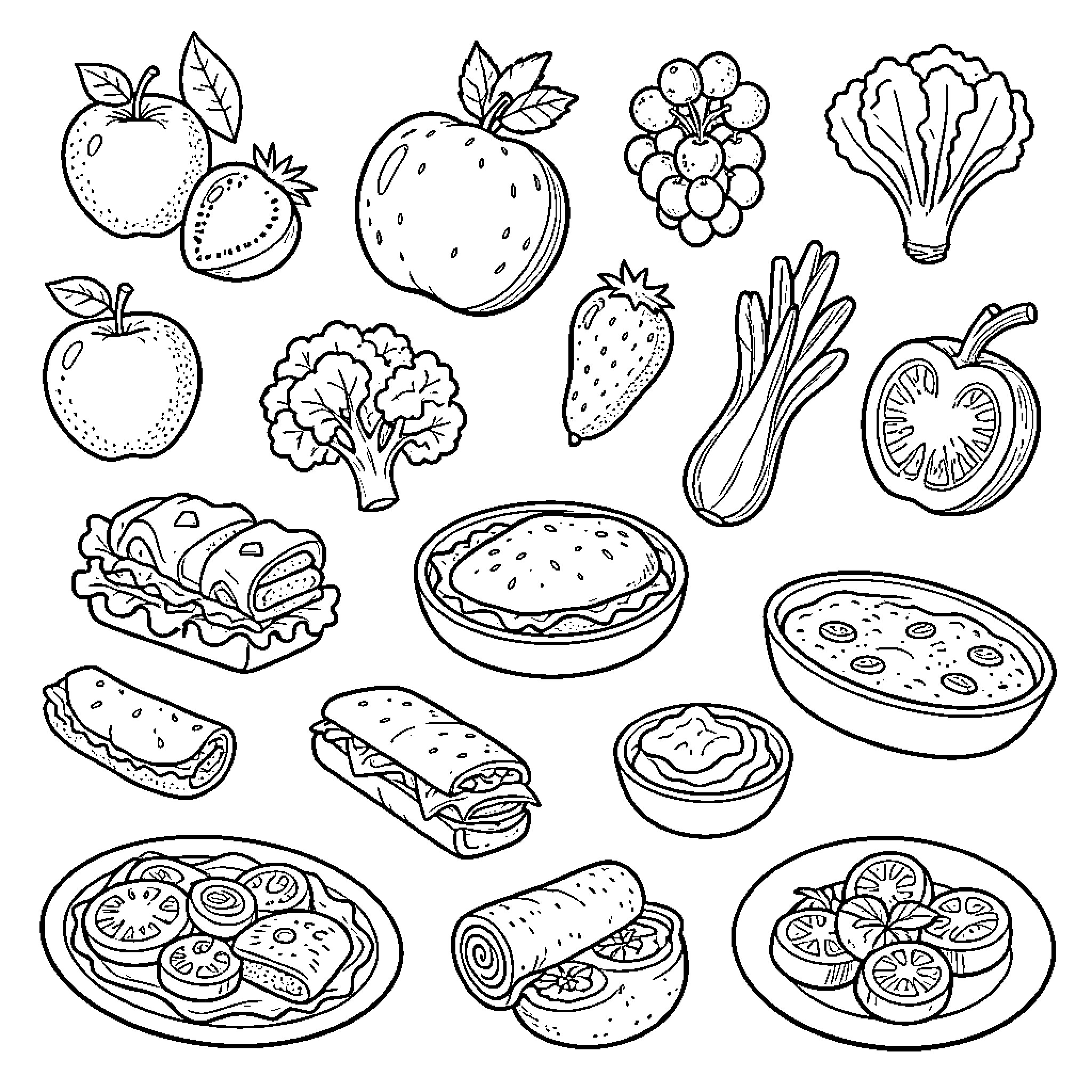 Food assortment displaying various fruits and prepared dishes Coloring Page (free black-and-white line drawing printable PDF for all, from beginners to advanced learners, including children, teens, adults, and seniors)