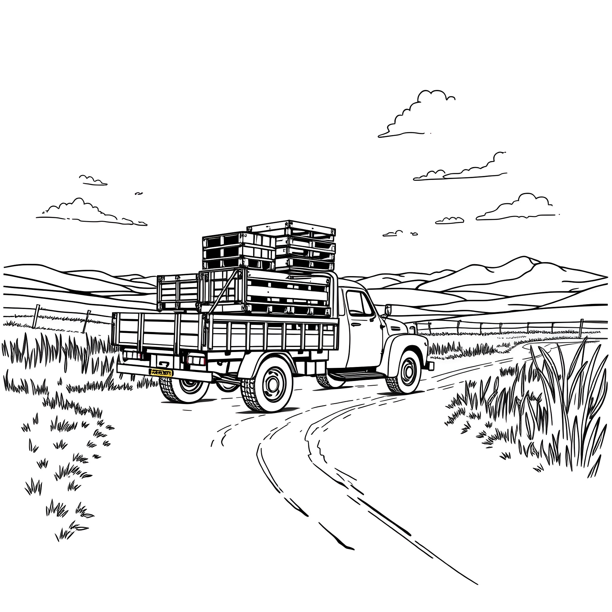 Flatbed truck transporting cargo on a rural road Coloring Page (free black-and-white line drawing printable PDF for all, from beginners to advanced learners, including children, teens, adults, and seniors)