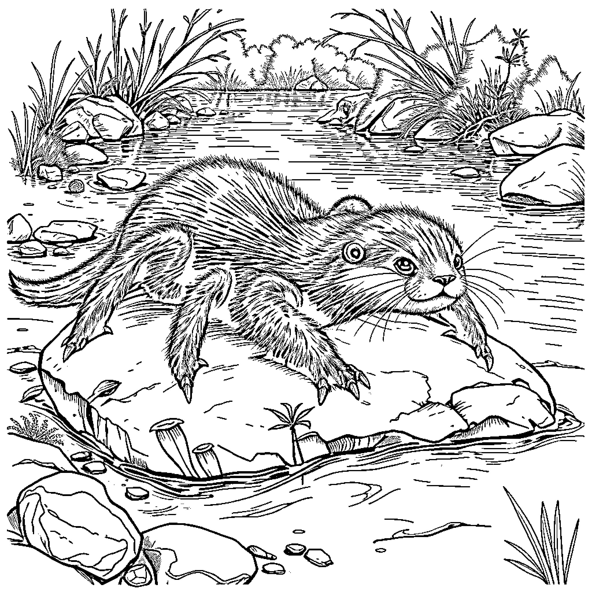 Otter swimming peacefully in the river Coloring Page (free black-and-white line drawing printable PDF for all, from beginners to advanced learners, including children, teens, adults, and seniors)
