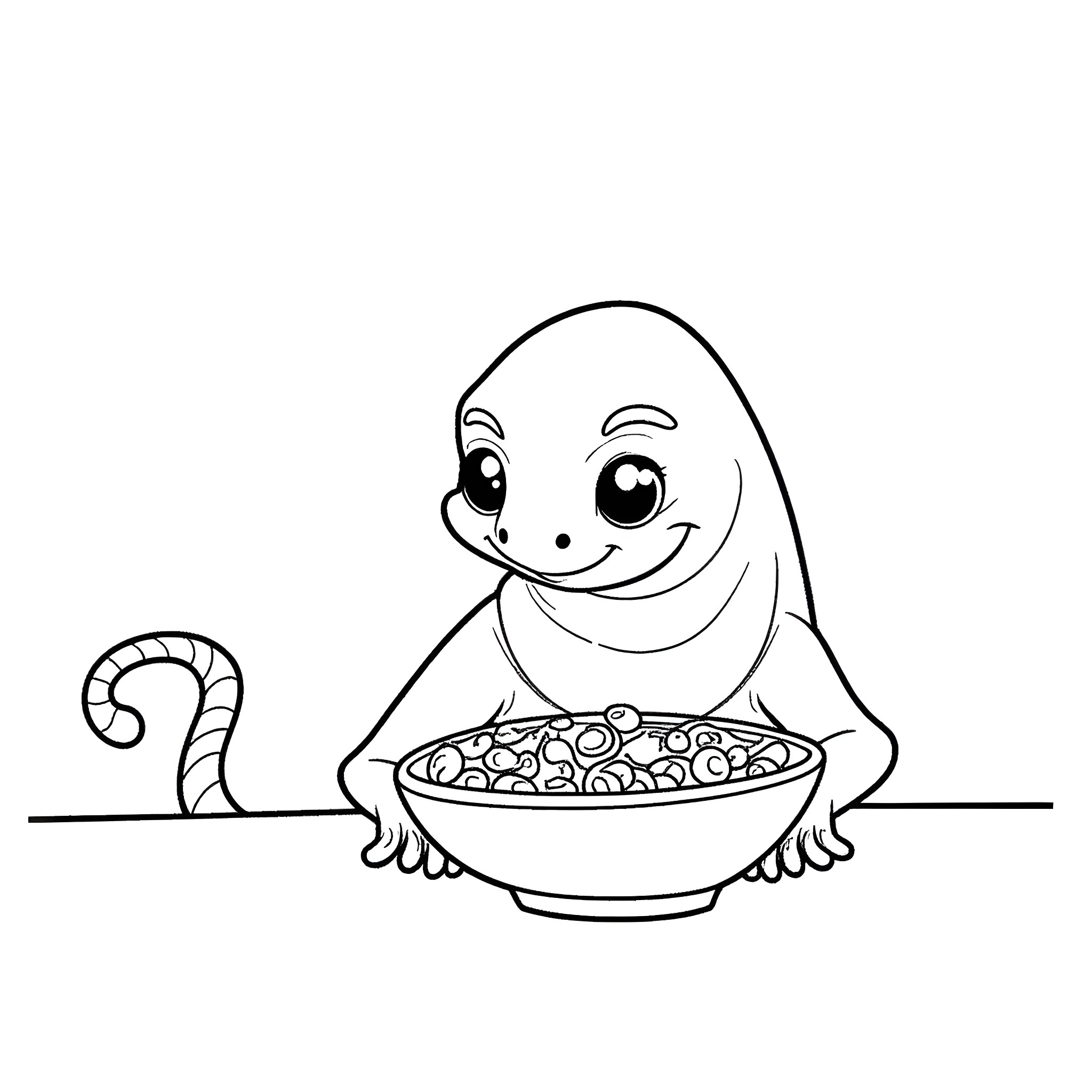 Salamander enjoying a tasty meal Coloring Page (free black-and-white line drawing printable PDF for all, from beginners to advanced learners, including children, teens, adults, and seniors)