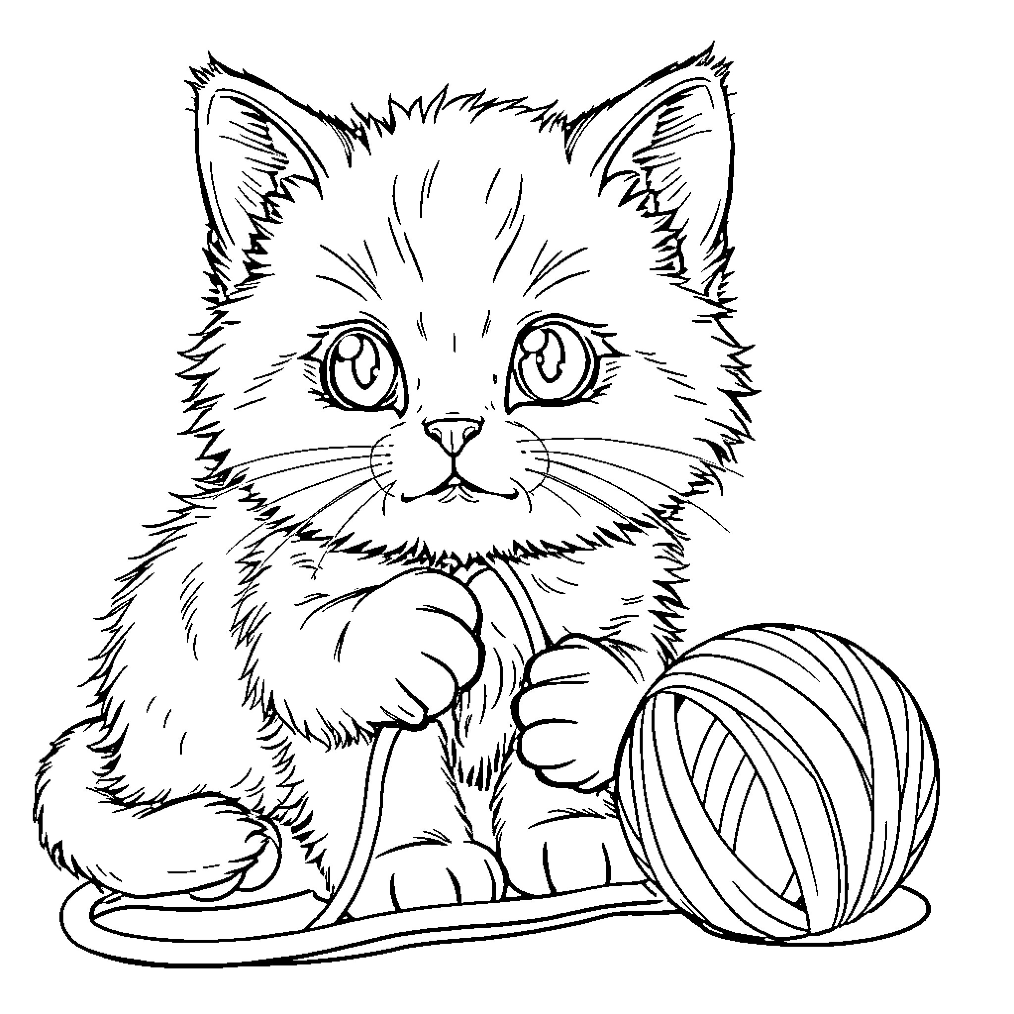 Kitty with a Ball of Yarn Coloring Page (free black-and-white line drawing printable PDF for all, from beginners to advanced learners, including children, teens, adults, and seniors)
