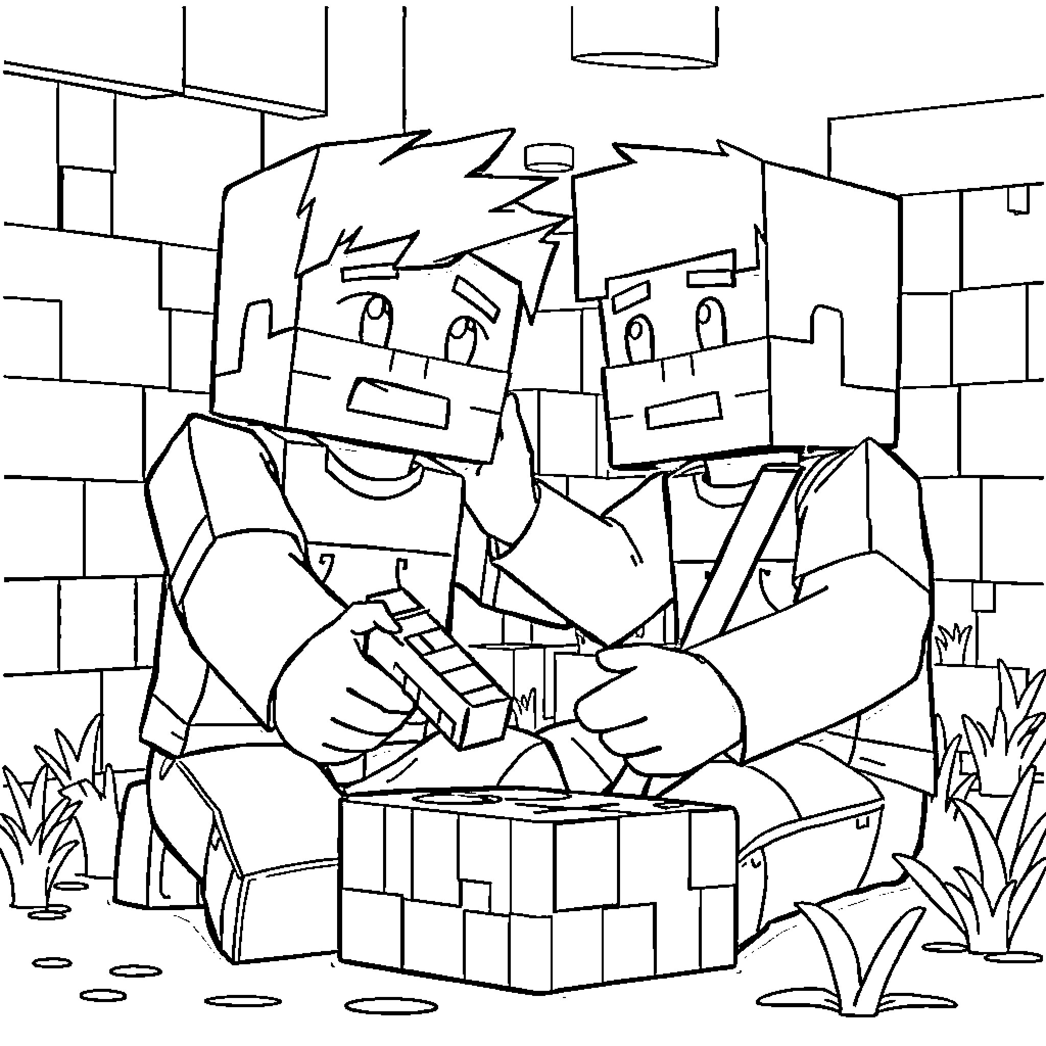 Steve and friend playing with Lego blocks in the room Coloring Page (free black-and-white line drawing printable PDF for all, from beginners to advanced learners, including children, teens, adults, and seniors)