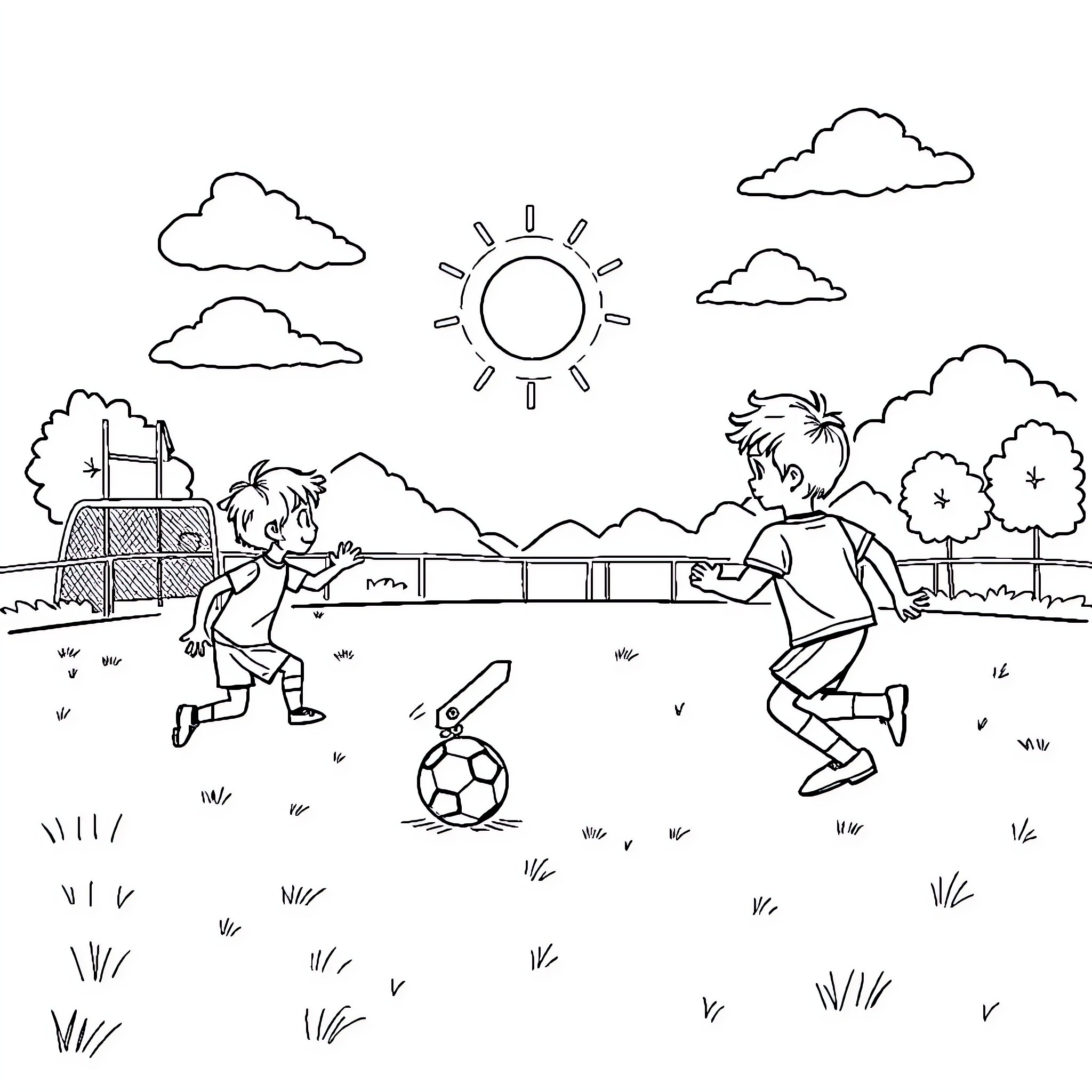 Football players having fun on the field Coloring Page (free black-and-white line drawing printable PDF for all, from beginners to advanced learners, including children, teens, adults, and seniors)