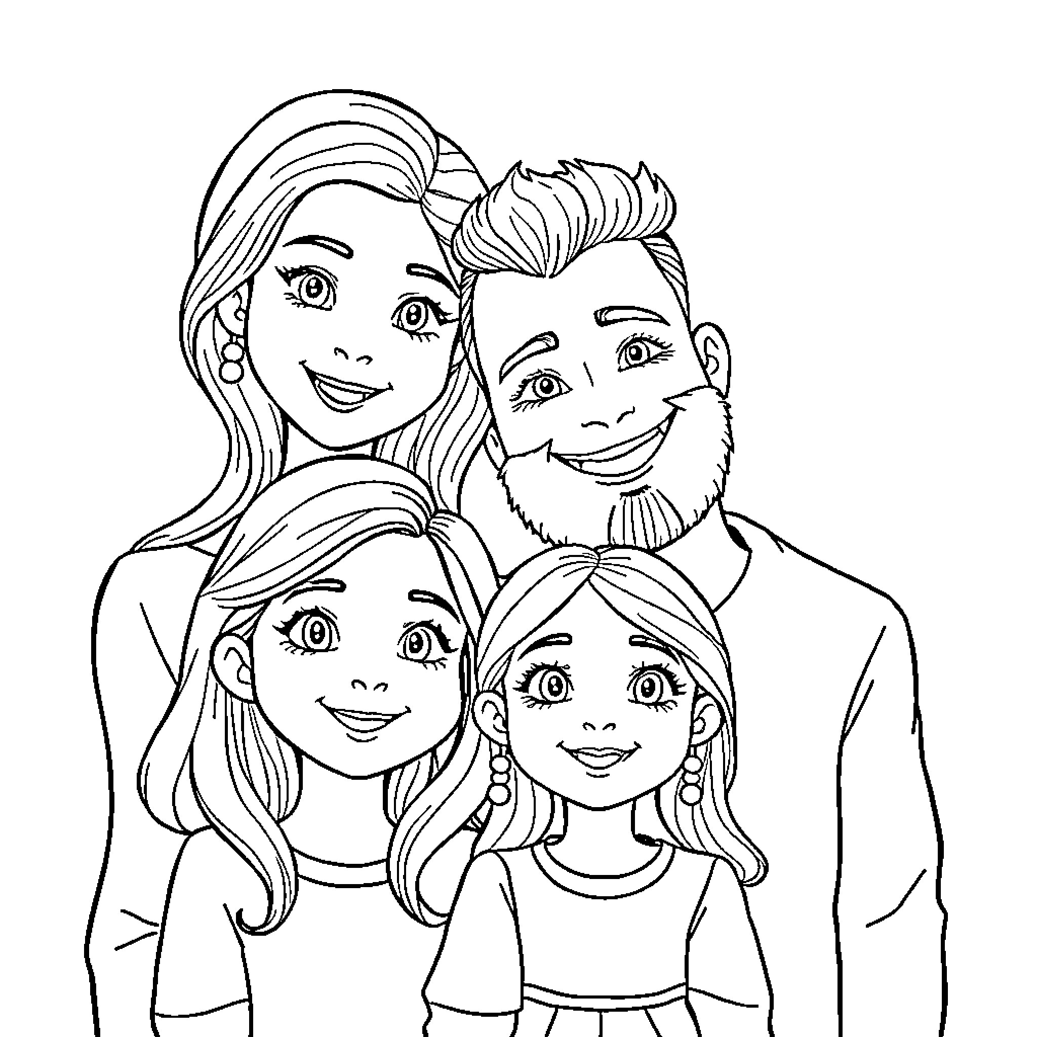 Familia of Smiling and Joyful Figures Coloring Page (free black-and-white line drawing printable PDF for all, from beginners to advanced learners, including children, teens, adults, and seniors)