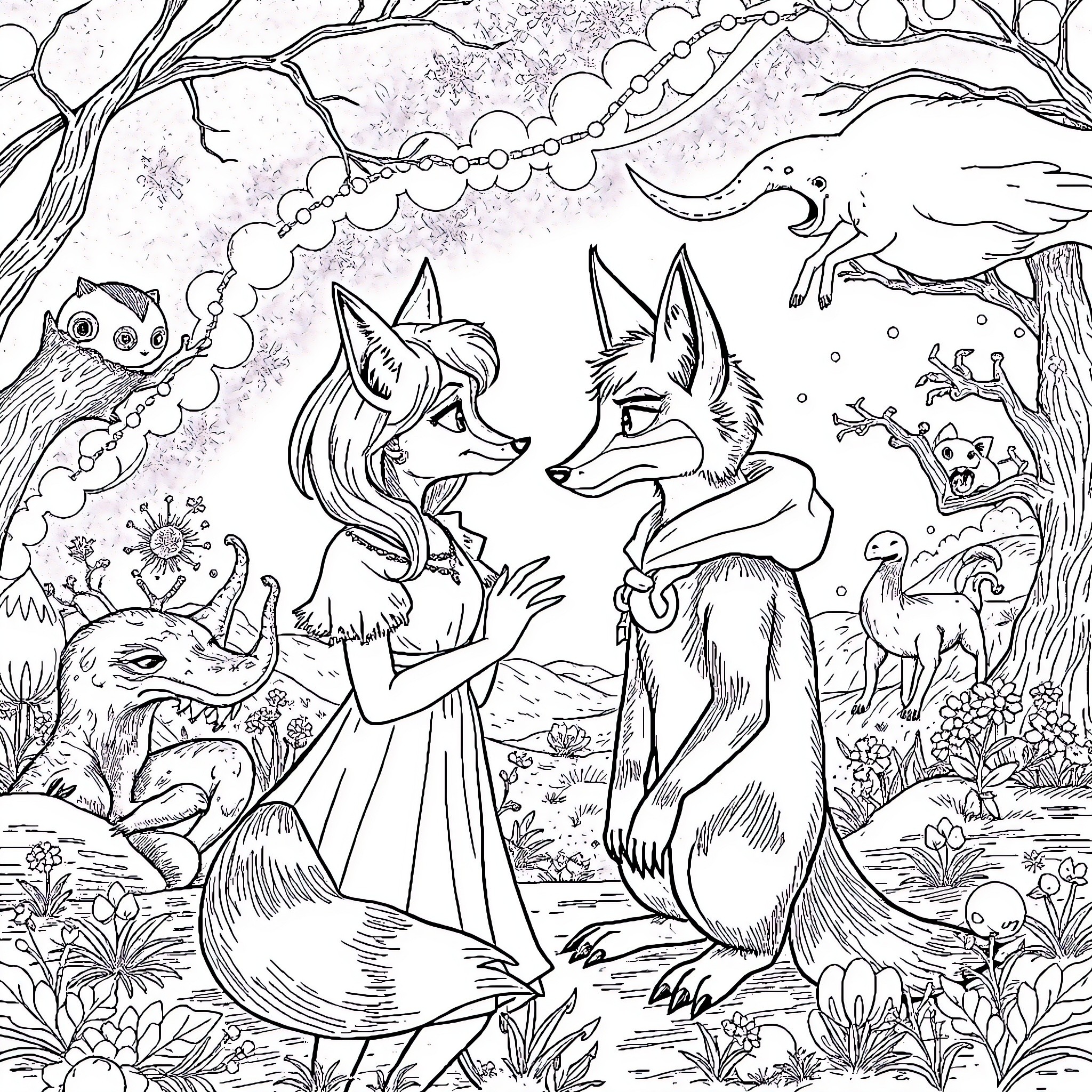 Fox and friends in whimsical forest scene Coloring Page (free black-and-white line drawing printable PDF for all, from beginners to advanced learners, including children, teens, adults, and seniors)