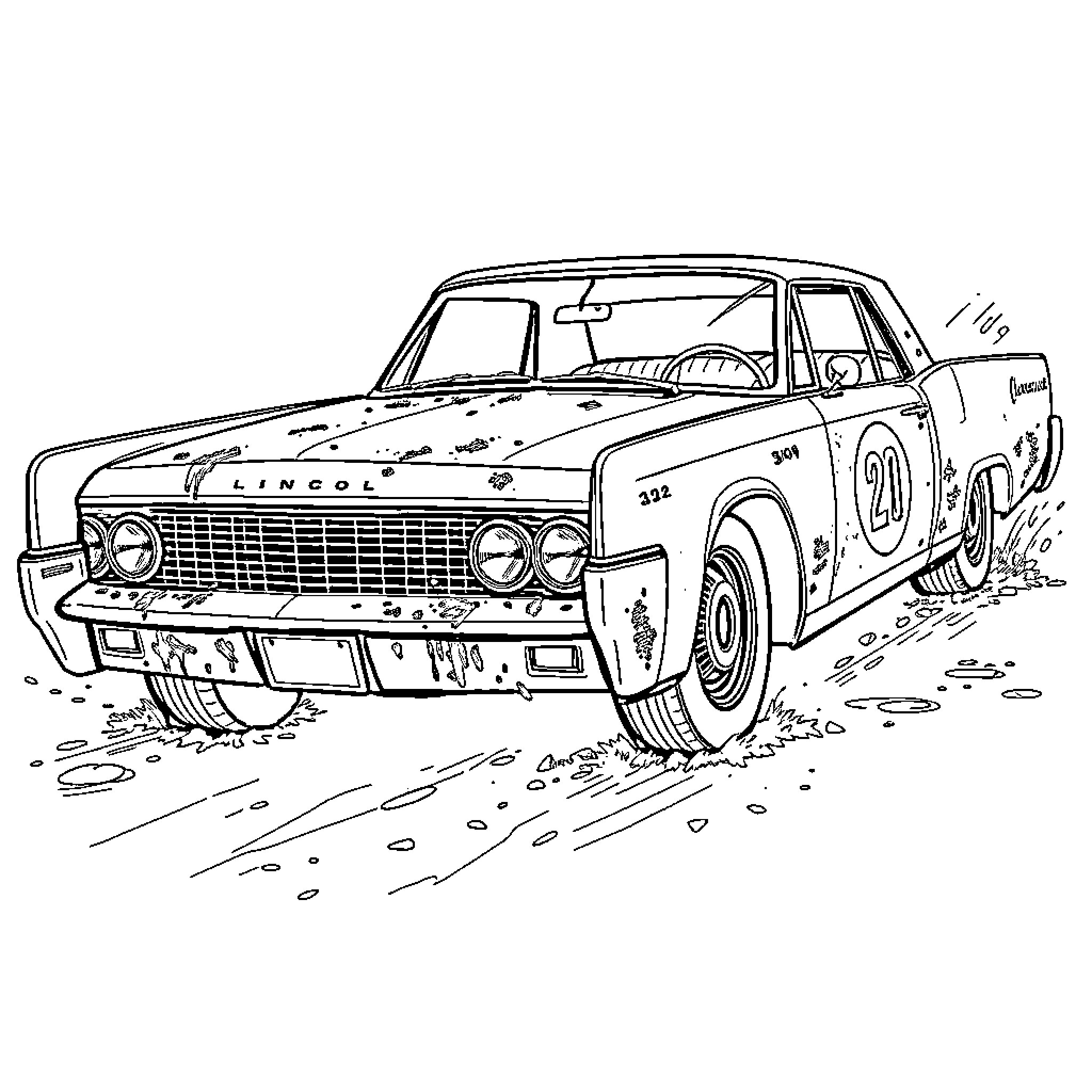 Car racing on muddy terrain Coloring Page (free black-and-white line drawing printable PDF for all, from beginners to advanced learners, including children, teens, adults, and seniors)