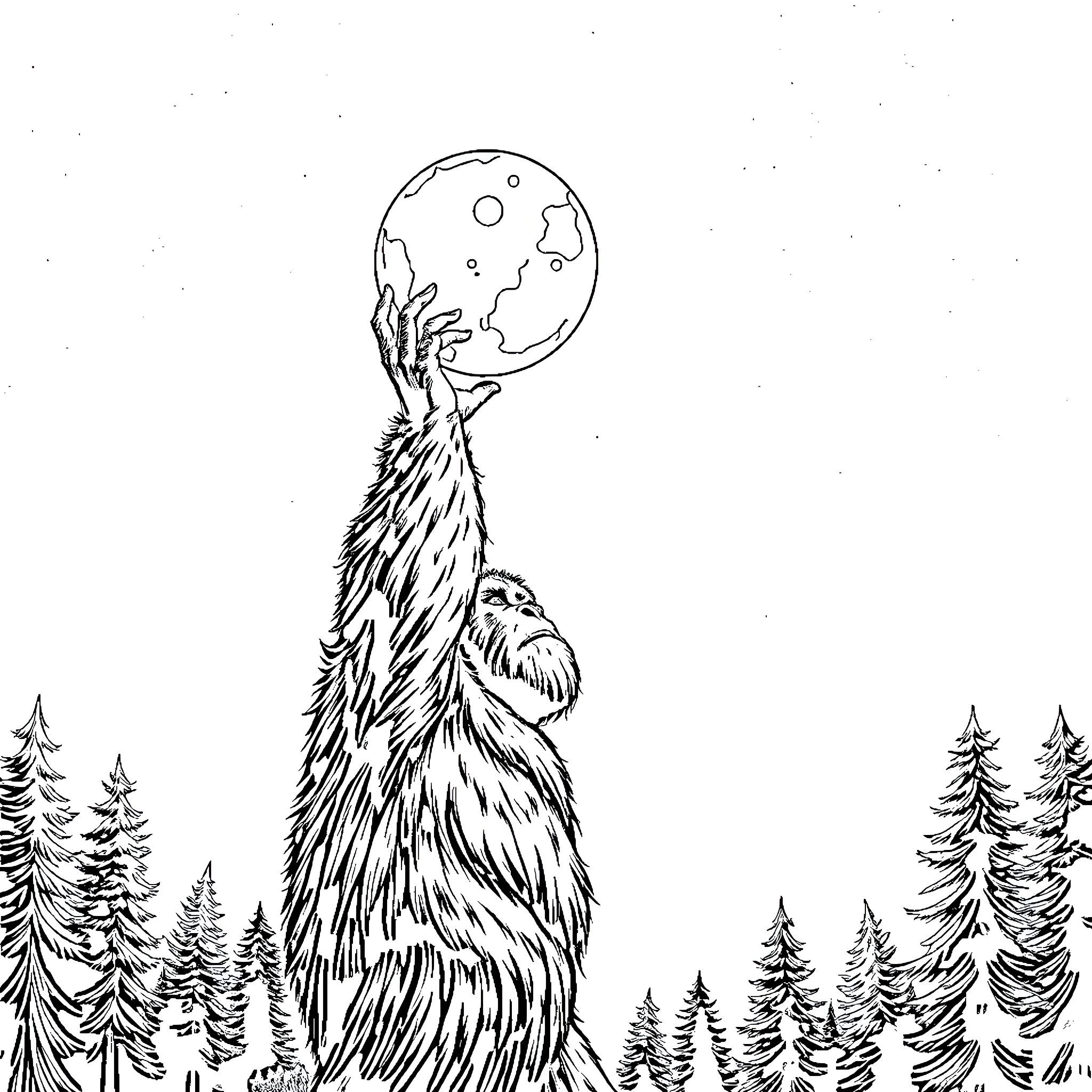 Bigfoot reaching for the moon in the forest Coloring Page (free black-and-white line drawing printable PDF for all, from beginners to advanced learners, including children, teens, adults, and seniors)