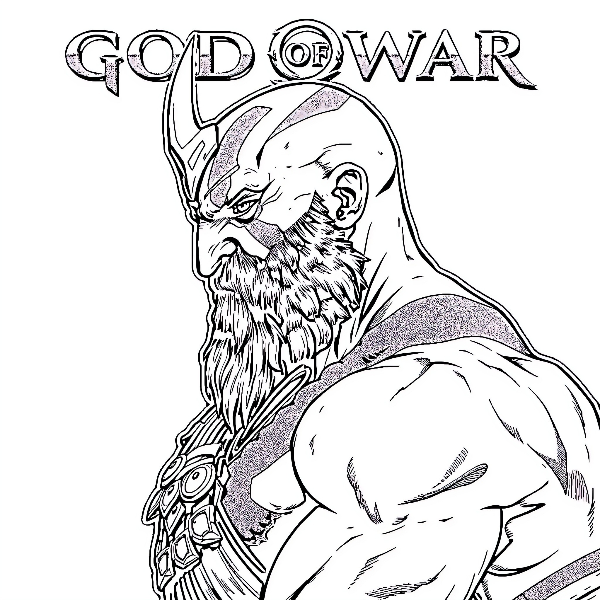 God of War: Powerful Warrior in Epic Battle Coloring Page (free black-and-white line drawing printable PDF for all, from beginners to advanced learners, including children, teens, adults, and seniors)