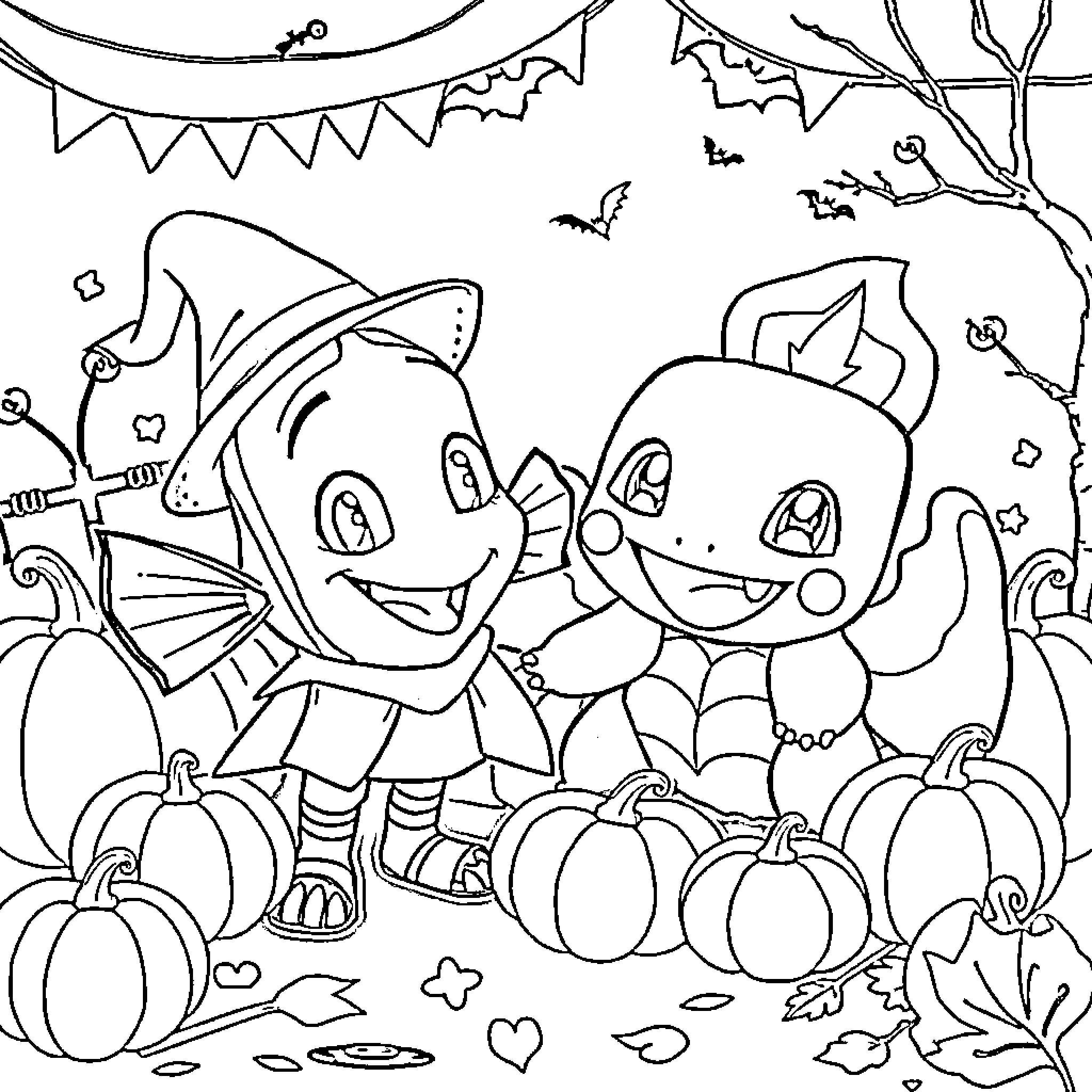 Nemo and his friend enjoying a Halloween celebration Coloring Page (free black-and-white line drawing printable PDF for all, from beginners to advanced learners, including children, teens, adults, and seniors)