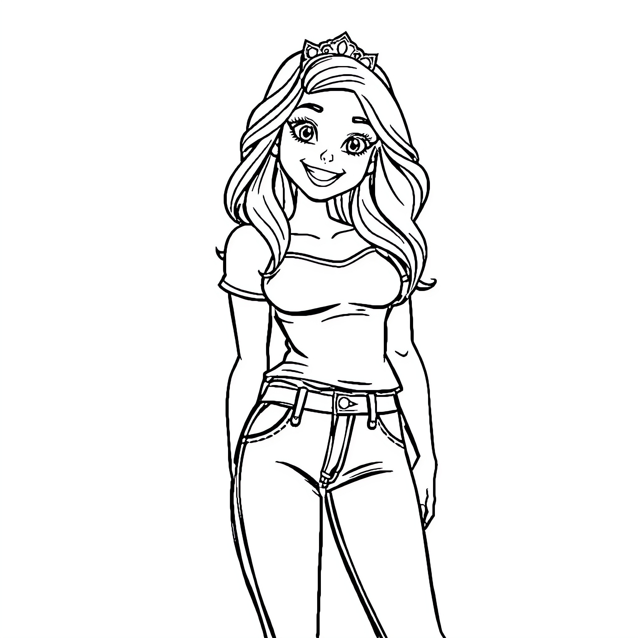 Princess Sarah in casual attire with a crown Coloring Page (free black-and-white line drawing printable PDF for all, from beginners to advanced learners, including children, teens, adults, and seniors)