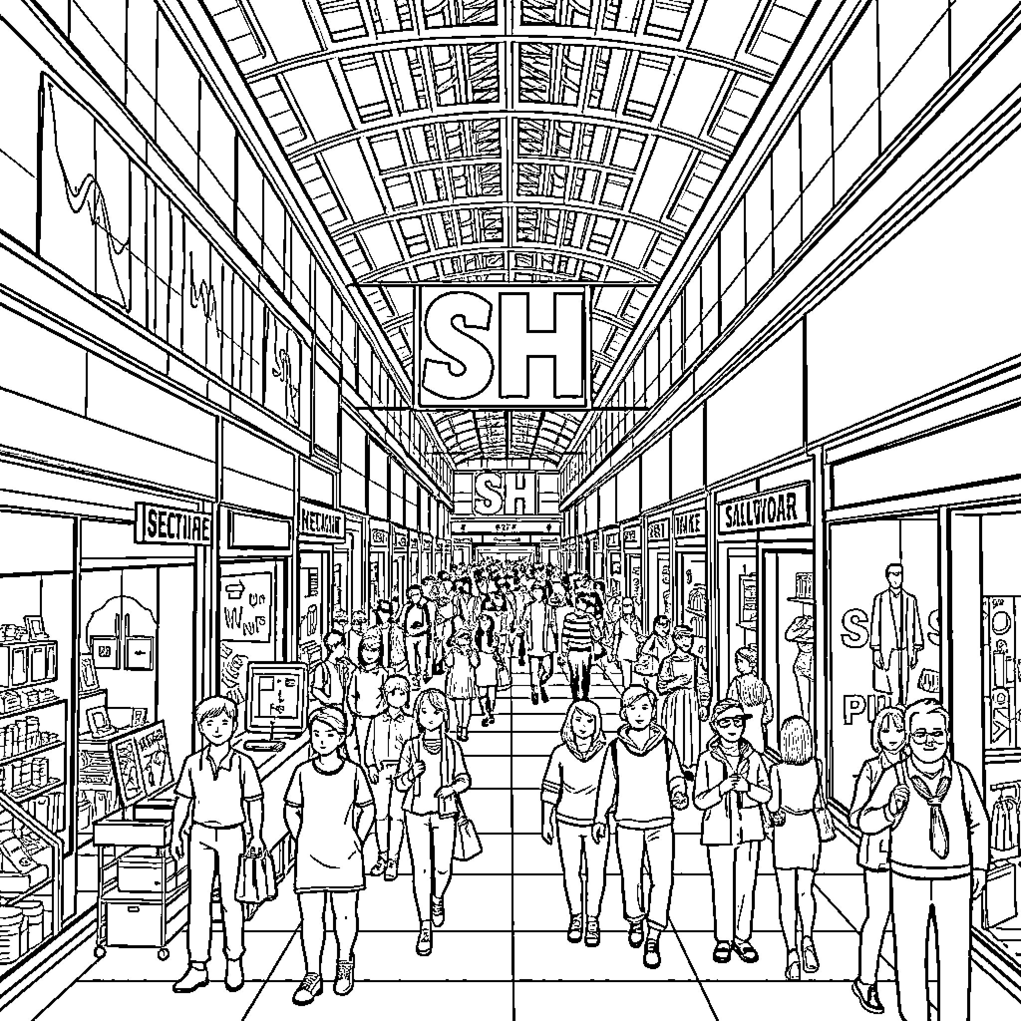 SH Bustling Marketplace with Crowd of People Coloring Page (free black-and-white line drawing printable PDF for all, from beginners to advanced learners, including children, teens, adults, and seniors)