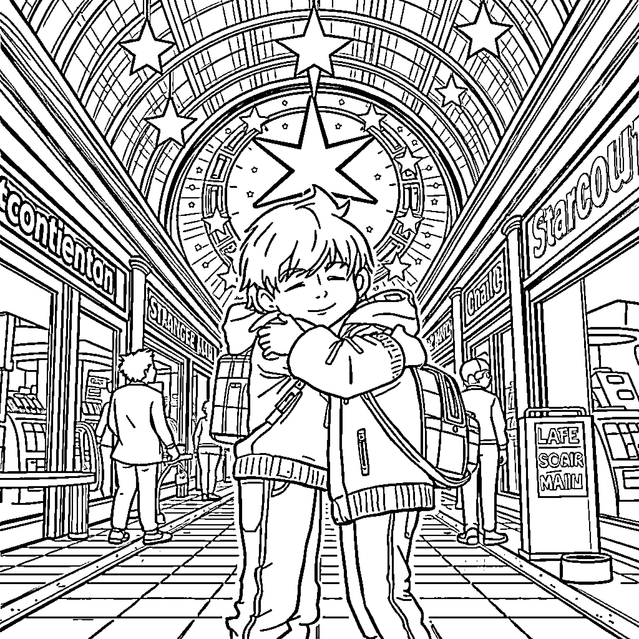 Billy's Starry Adventure in the Shopping Mall Coloring Page (free black-and-white line drawing printable PDF for all, from beginners to advanced learners, including children, teens, adults, and seniors)