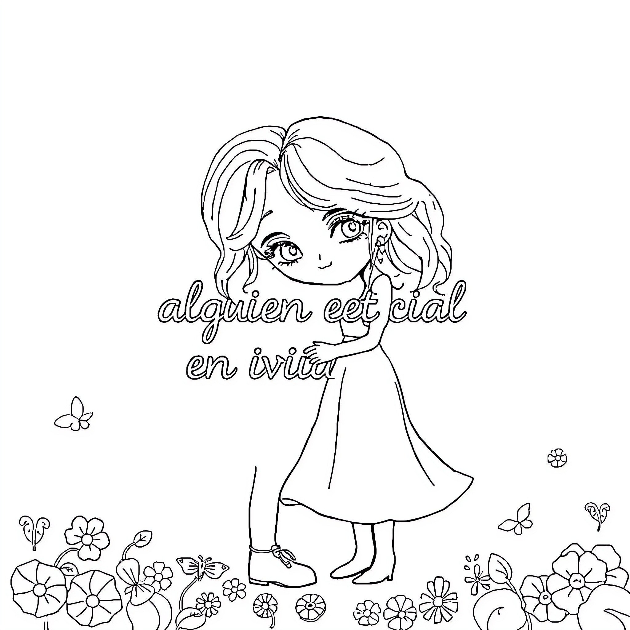 Quiero a una niña rodeada de flores Coloring Page (free black-and-white line drawing printable PDF for all, from beginners to advanced learners, including children, teens, adults, and seniors)