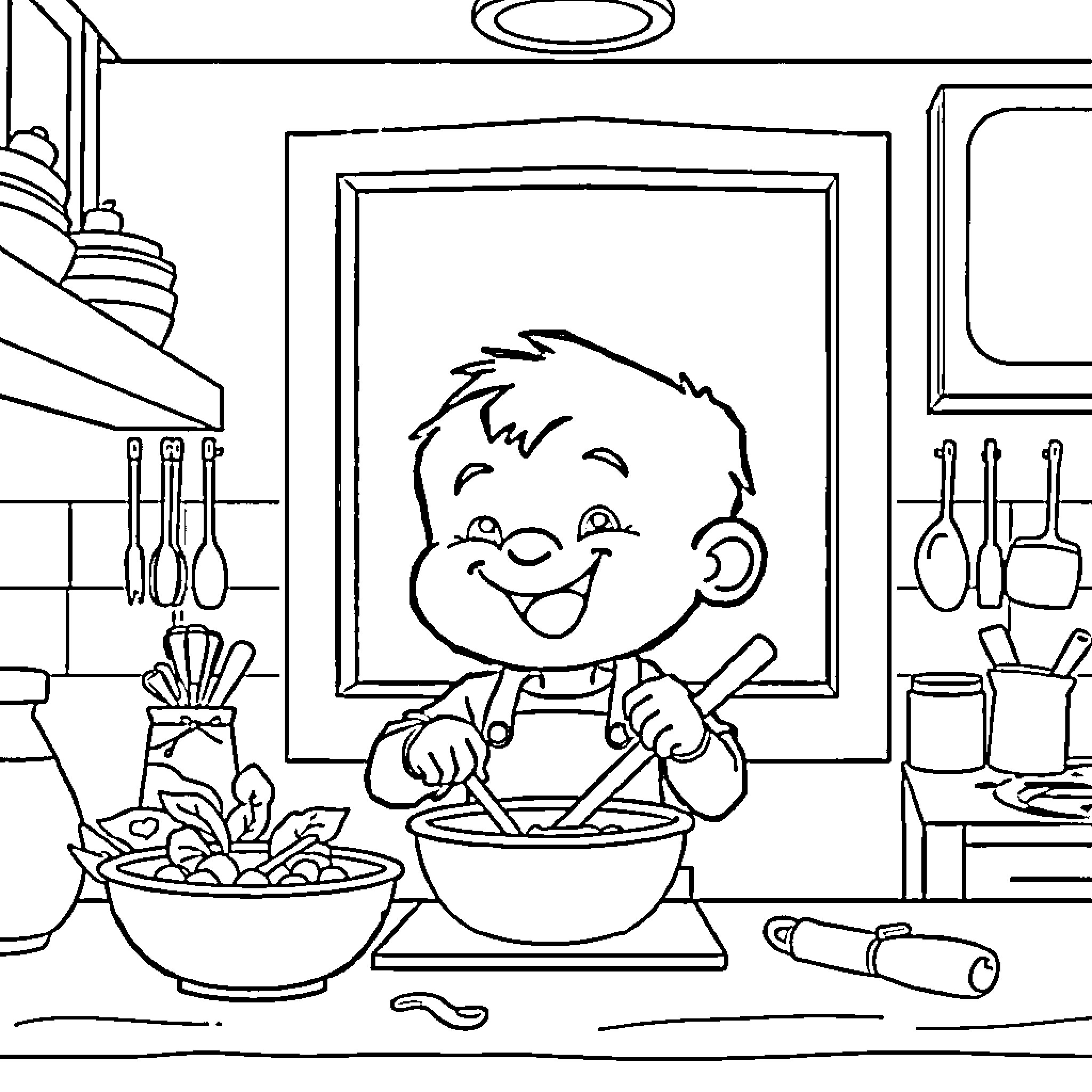 Cub cooking happily in kitchen Coloring Page (free black-and-white line drawing printable PDF for all, from beginners to advanced learners, including children, teens, adults, and seniors)