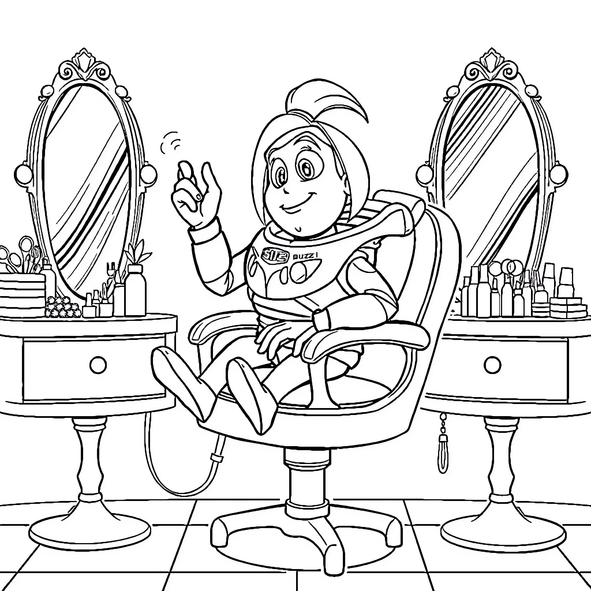 Buzz Lightyear relaxing in a comfortable chair Coloring Page (free black-and-white line drawing printable PDF for all, from beginners to advanced learners, including children, teens, adults, and seniors)