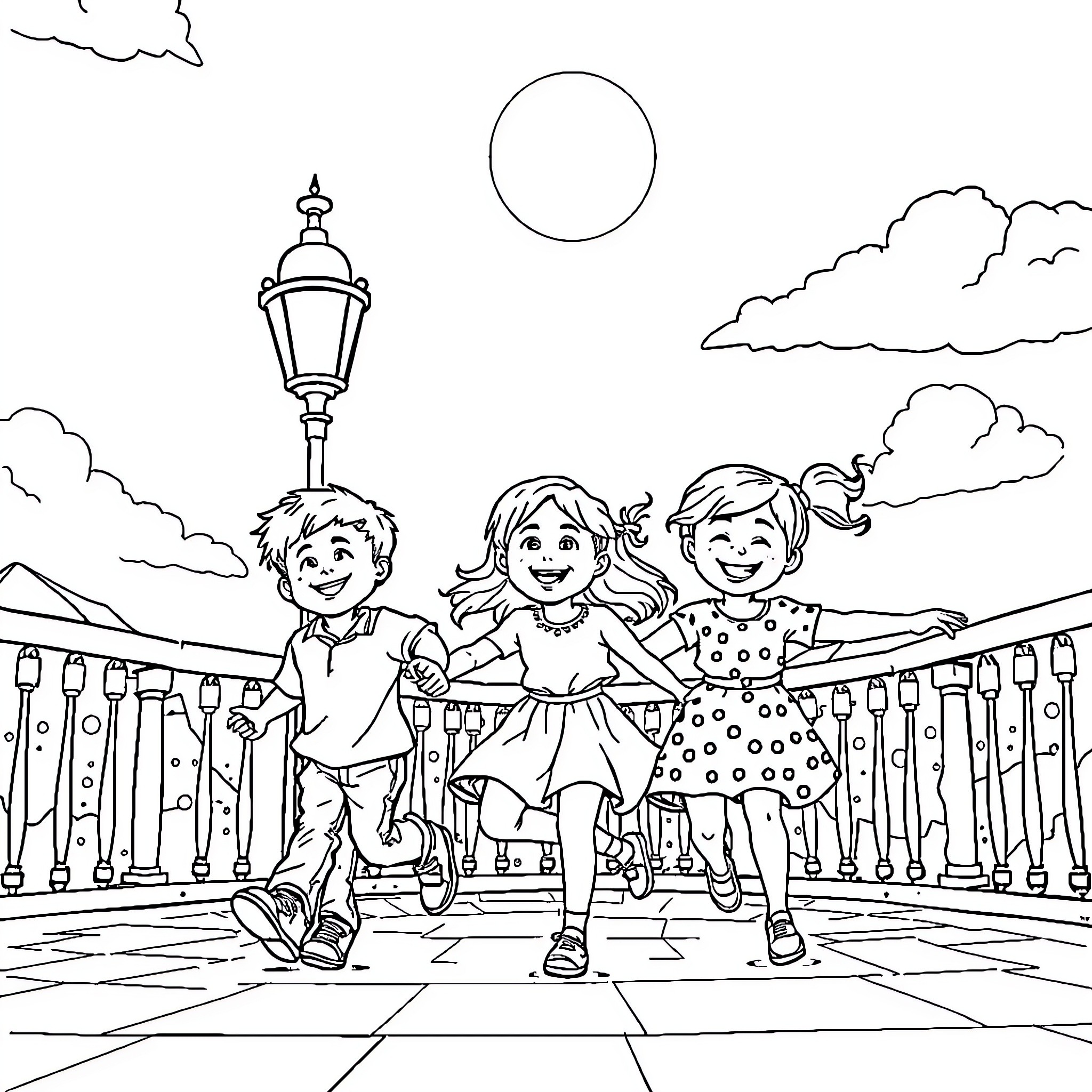 Children playing happily on a city street Coloring Page (free black-and-white line drawing printable PDF for all, from beginners to advanced learners, including children, teens, adults, and seniors)