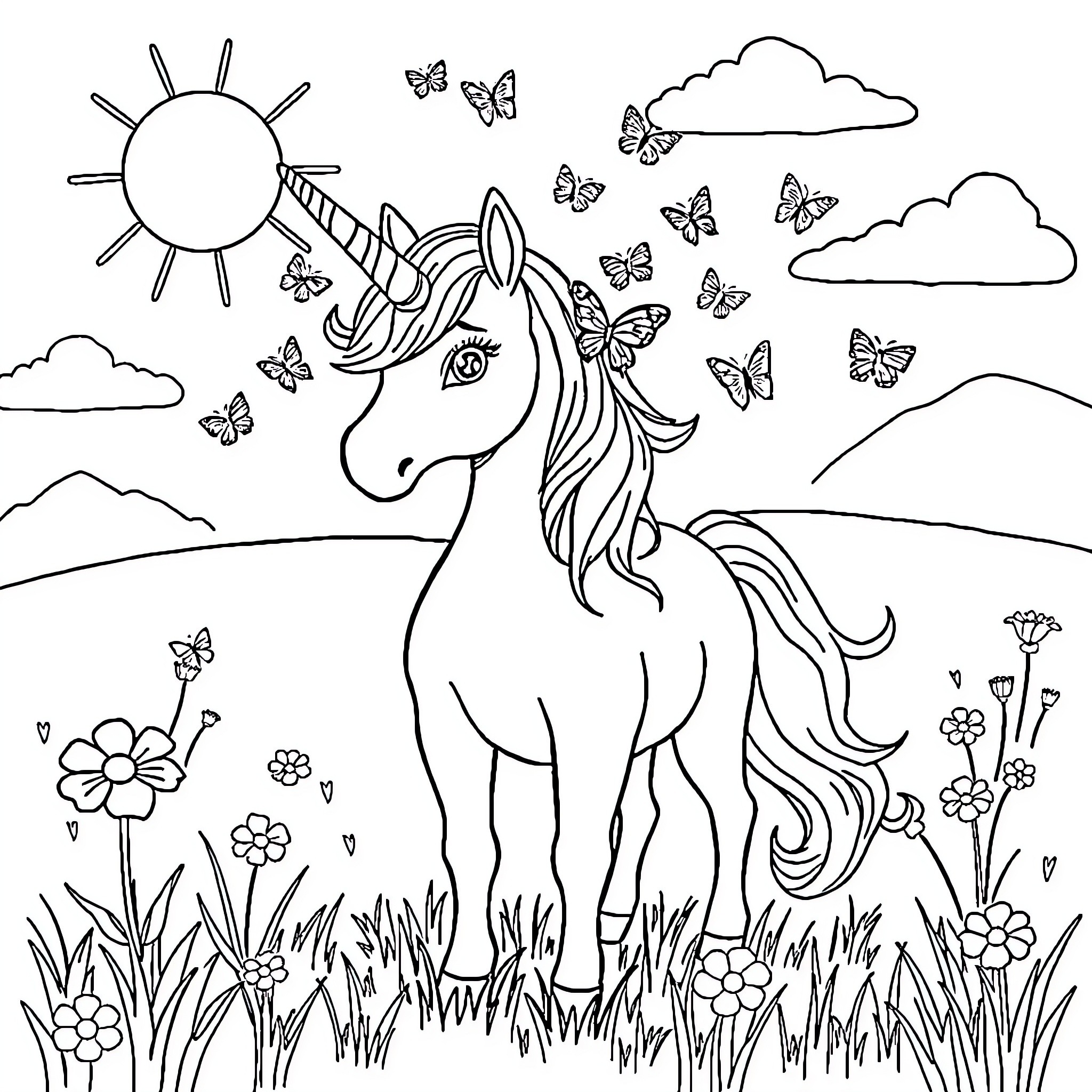 Unicorn exploring a magical meadow with butterflies Coloring Page (free black-and-white line drawing printable PDF for all, from beginners to advanced learners, including children, teens, adults, and seniors)
