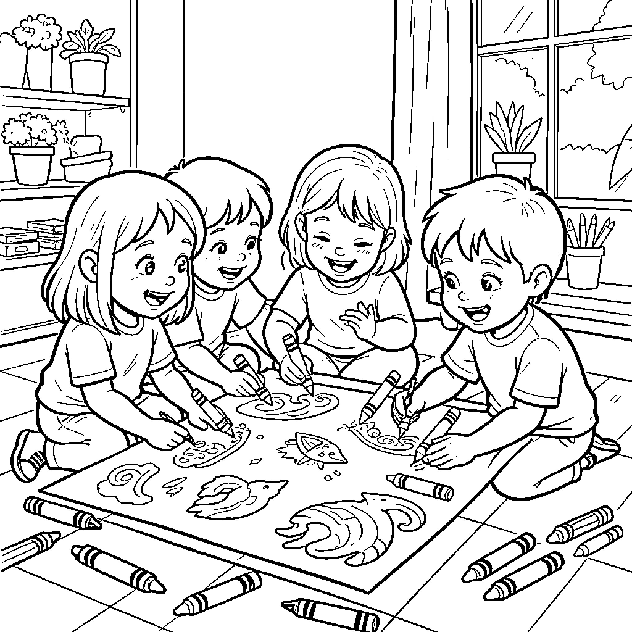 Colouring fun with friends at the art table Coloring Page (free black-and-white line drawing printable PDF for all, from beginners to advanced learners, including children, teens, adults, and seniors)