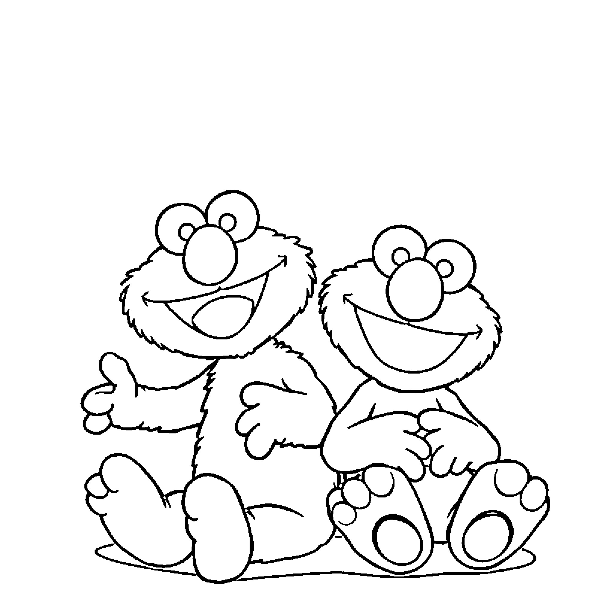 Elmo and Friend Sitting Happily Together Coloring Page (free black-and-white line drawing printable PDF for all, from beginners to advanced learners, including children, teens, adults, and seniors)