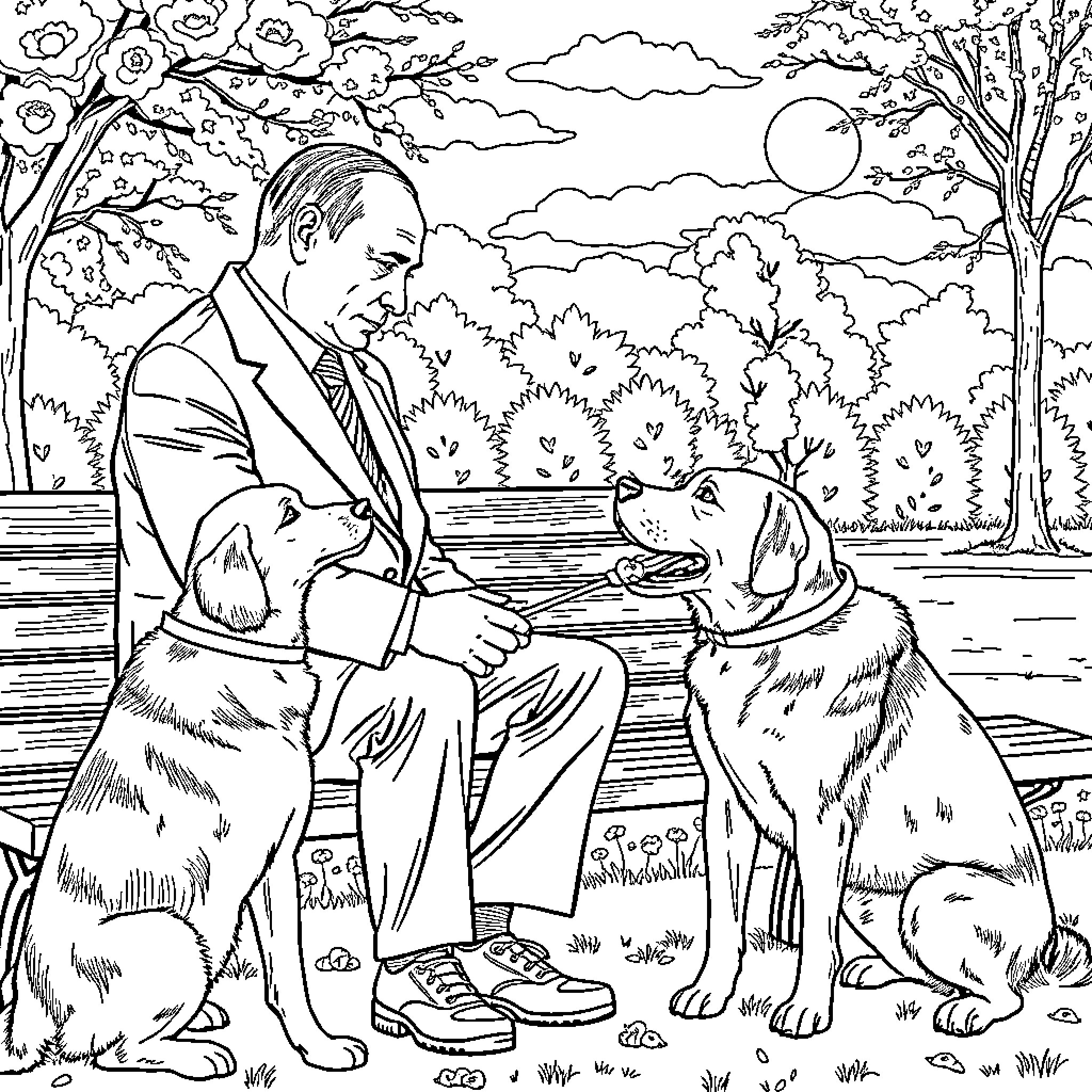 Vladimir Putin strolling with his pet dogs in a park Coloring Page (free black-and-white line drawing printable PDF for all, from beginners to advanced learners, including children, teens, adults, and seniors)