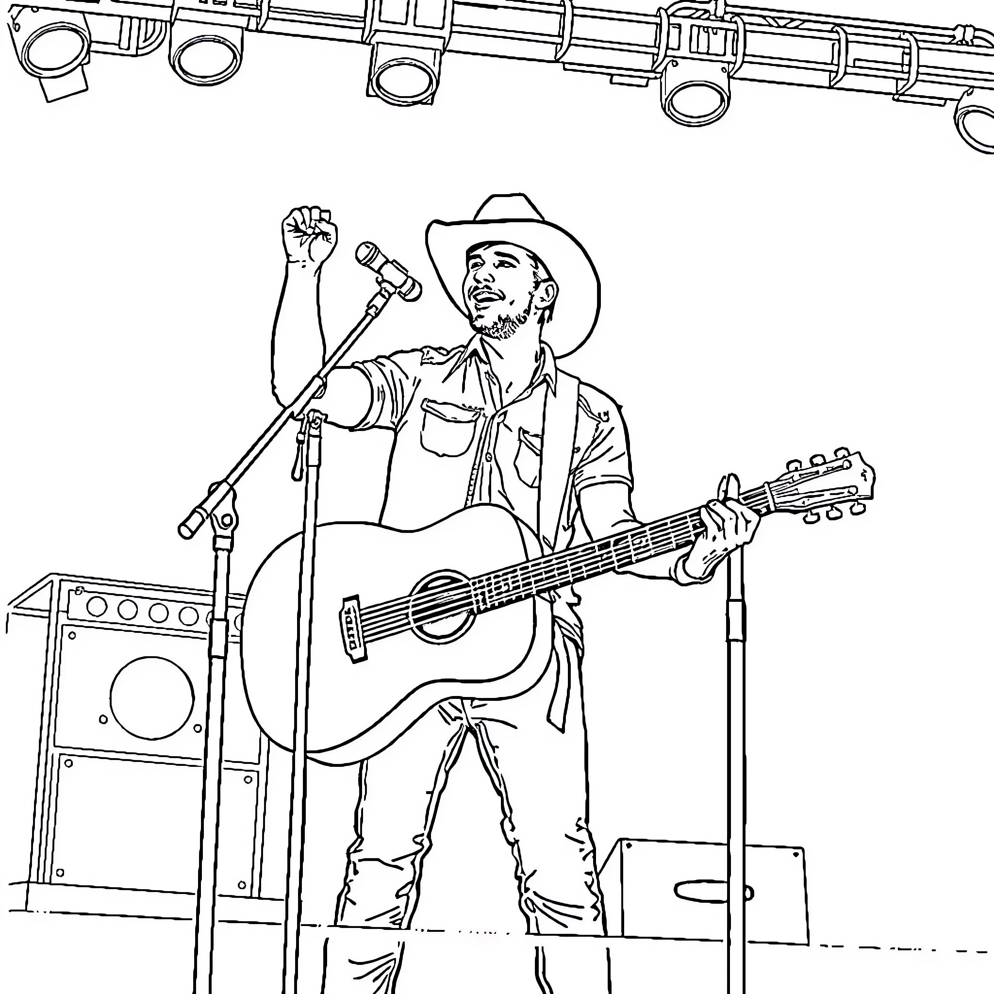 Zach Performing on Stage with Guitar Coloring Page (free black-and-white line drawing printable PDF for all, from beginners to advanced learners, including children, teens, adults, and seniors)