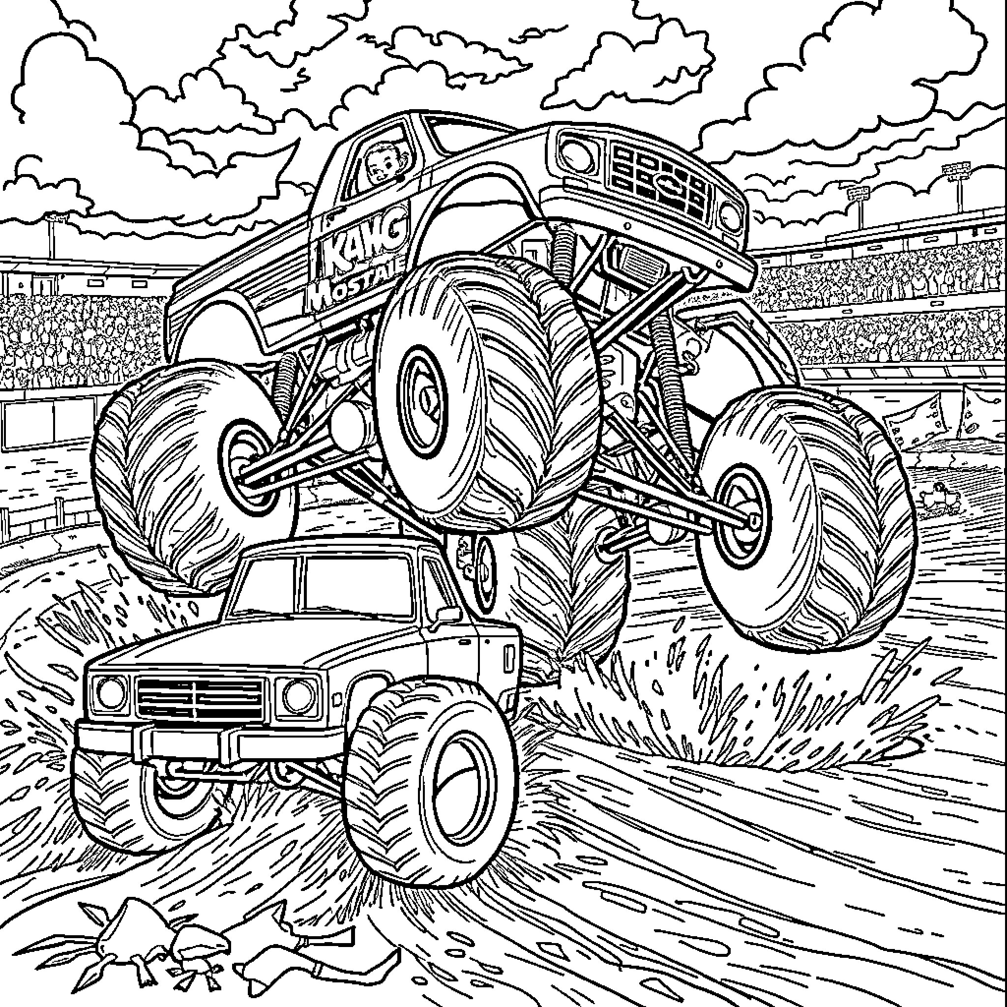 Monster Truck Crushing Vehicles in Arena Coloring Page (free black-and-white line drawing printable PDF for all, from beginners to advanced learners, including children, teens, adults, and seniors)