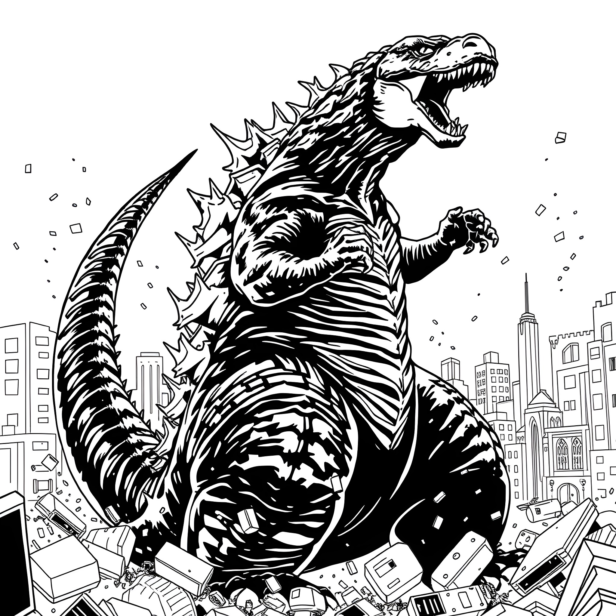 Godzilla Rampaging Through the City Coloring Page (free black-and-white line drawing printable PDF for all, from beginners to advanced learners, including children, teens, adults, and seniors)