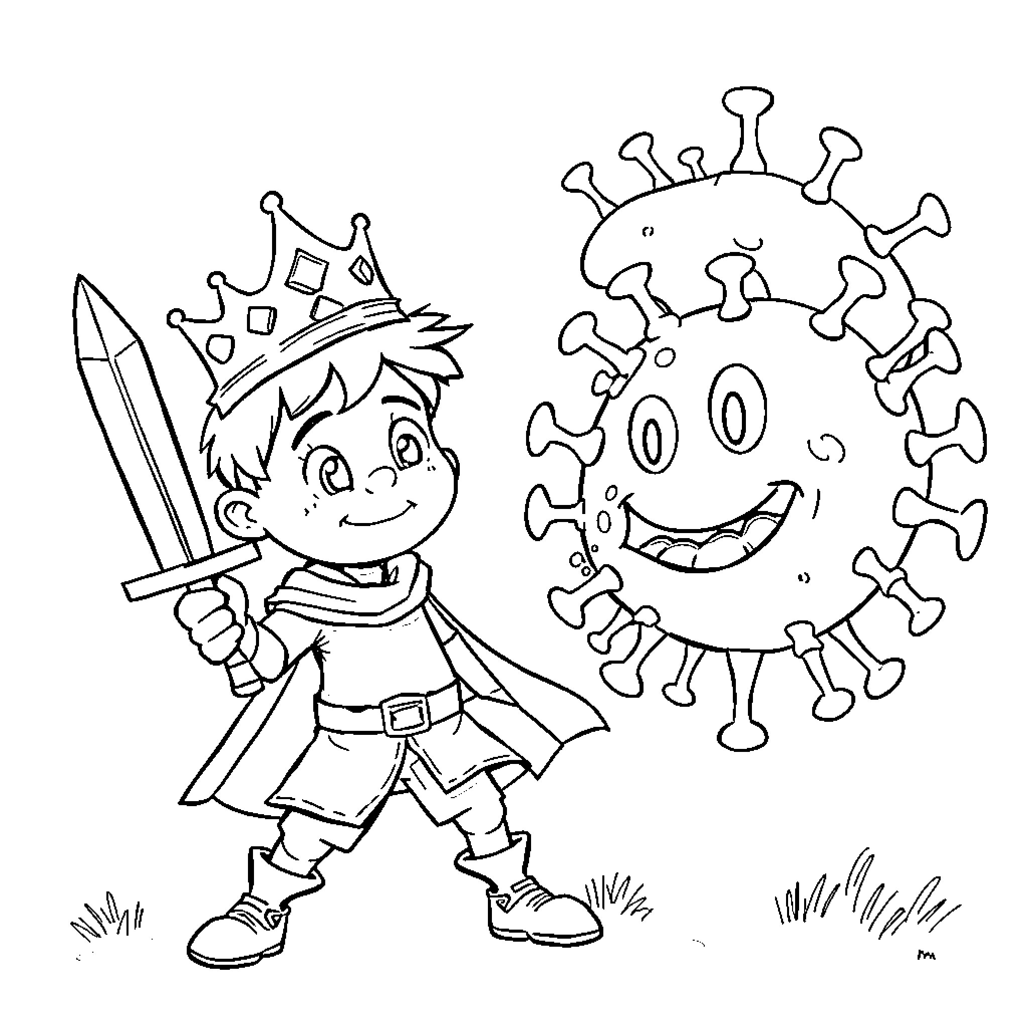 Child Defeating Coronavirus with Sword and Courage Coloring Page (free black-and-white line drawing printable PDF for all, from beginners to advanced learners, including children, teens, adults, and seniors)