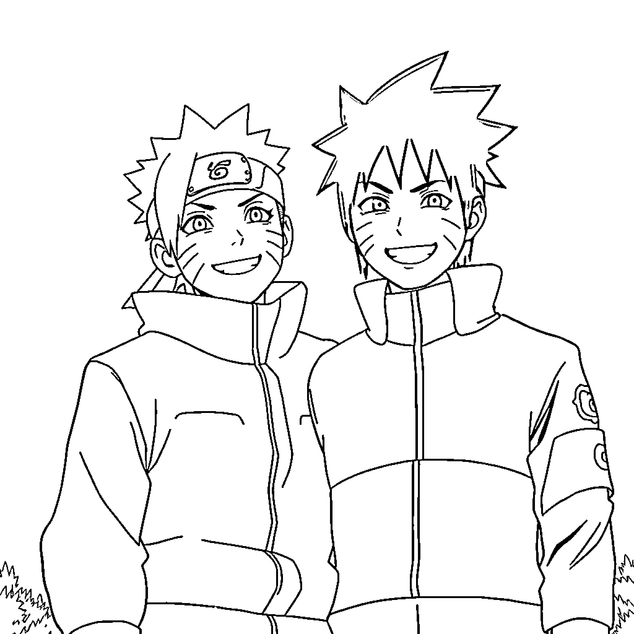 Naruto and Boruto enjoying a moment together Coloring Page (free black-and-white line drawing printable PDF for all, from beginners to advanced learners, including children, teens, adults, and seniors)