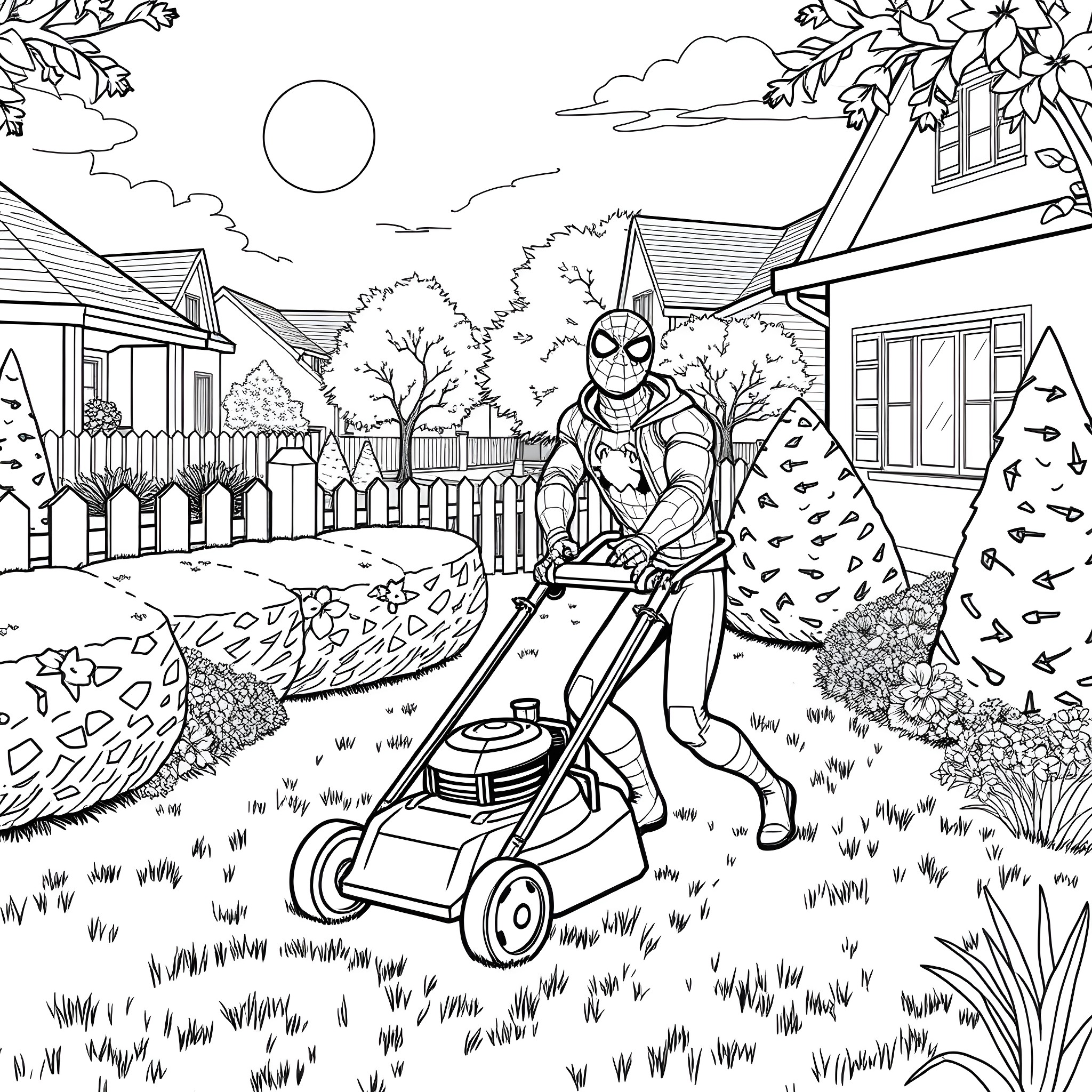 Spiderman mowing the lawn in a suburban neighborhood Coloring Page (free black-and-white line drawing printable PDF for all, from beginners to advanced learners, including children, teens, adults, and seniors)