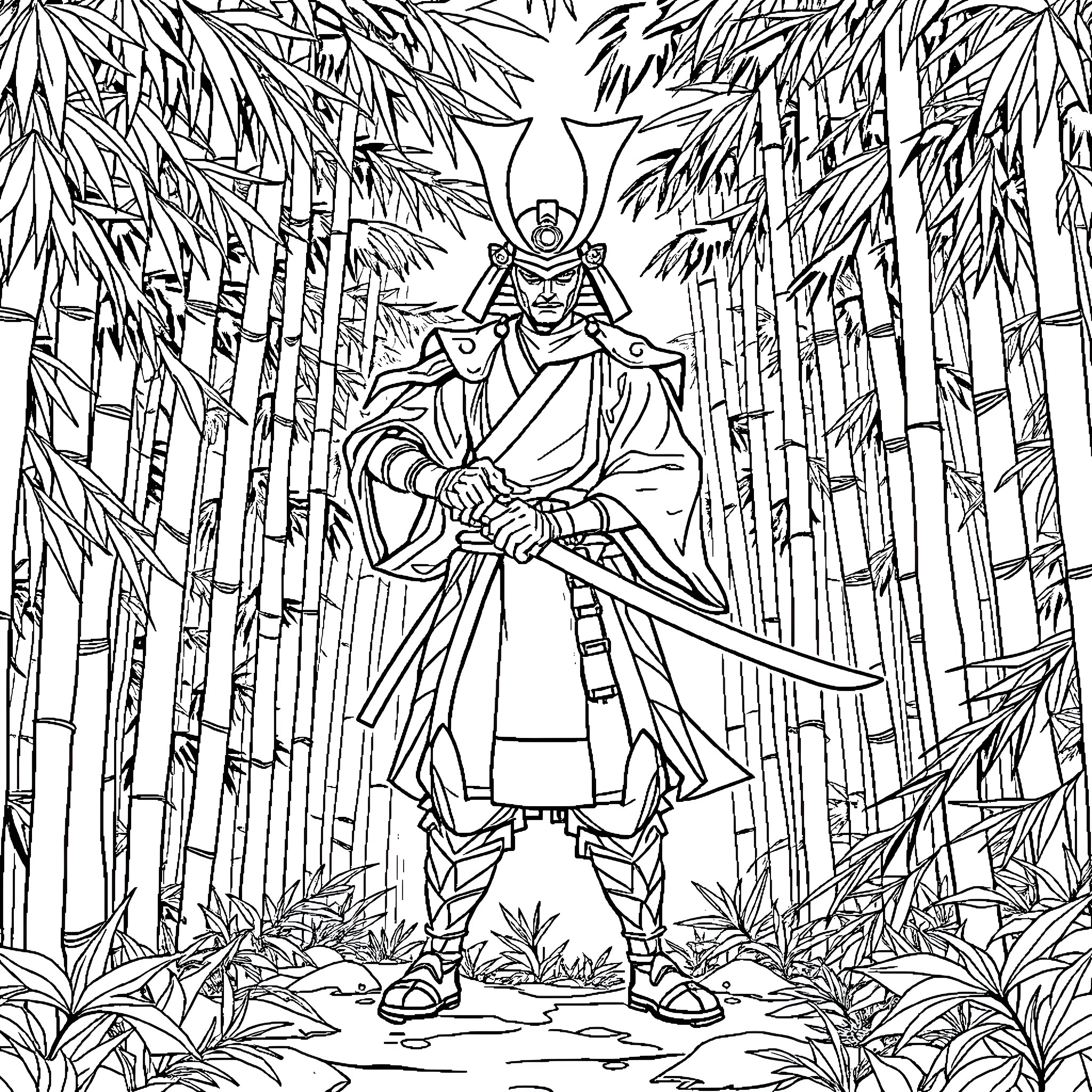 Samurai Warrior Stands Tall in Bamboo Forest Coloring Page (free black-and-white line drawing printable PDF for all, from beginners to advanced learners, including children, teens, adults, and seniors)
